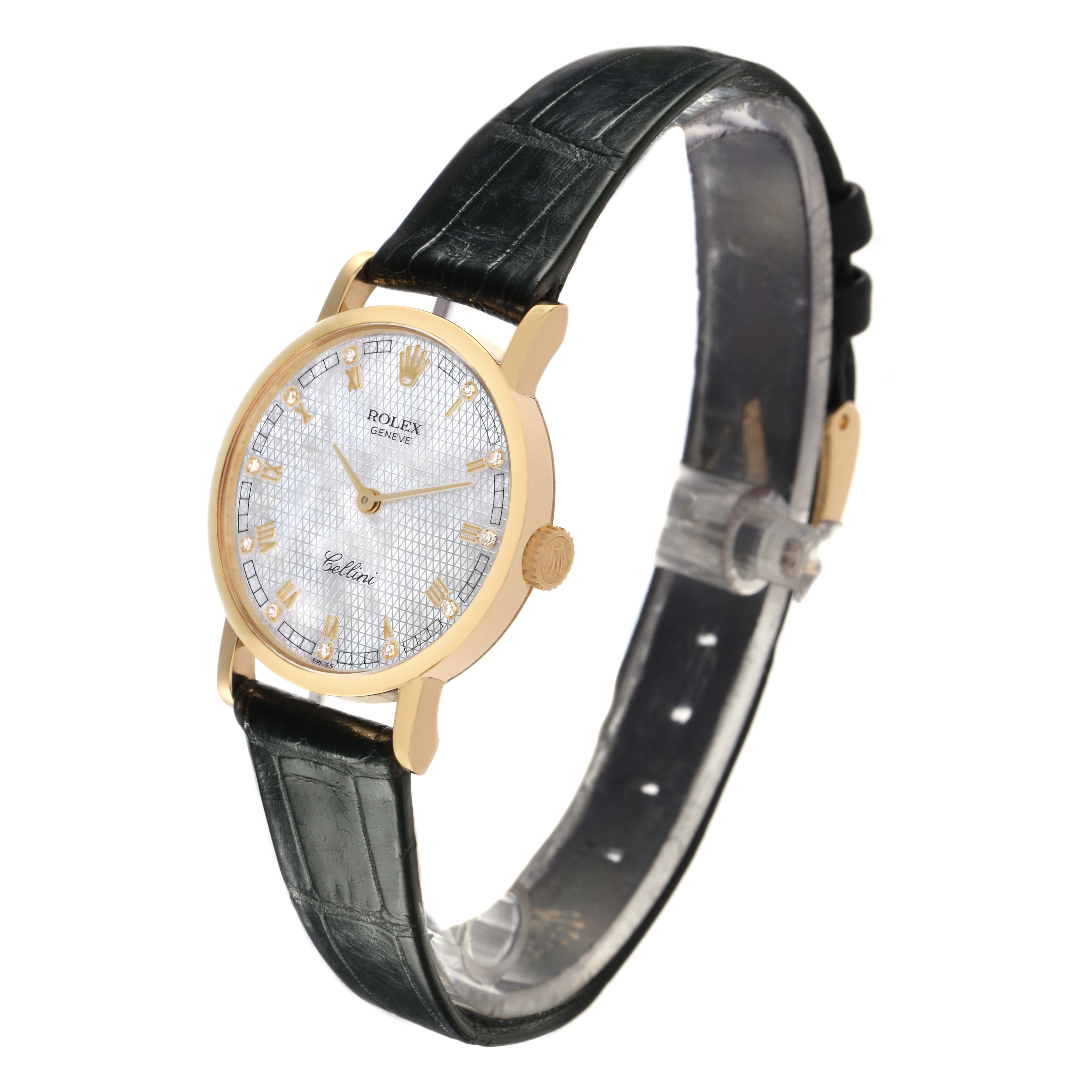 The Rolex Cellini 5109 Women
s Yellow Gold Mother of Pearl Dial 5109 Women
s Yellow Gold Mother of Pearl Dial watch is shown at a three-quarter angle, highlighting its face, gold case, and dark strap.