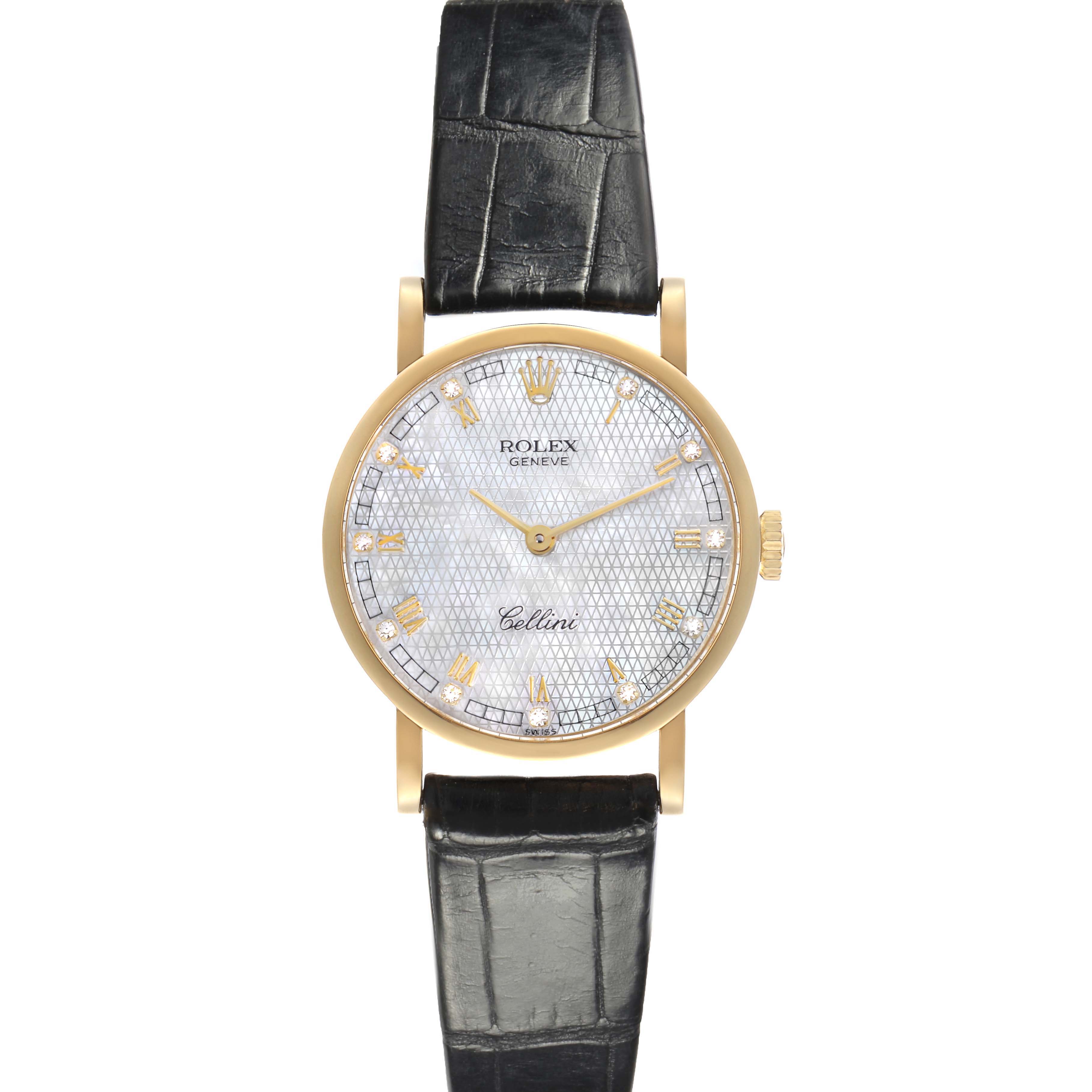 The Rolex Cellini 5109 Women
s Yellow Gold Mother of Pearl Dial 5109 Women
s Yellow Gold Mother of Pearl Dial watch is shown from the front, displaying the dial, hands, gold case, and a black leather strap.