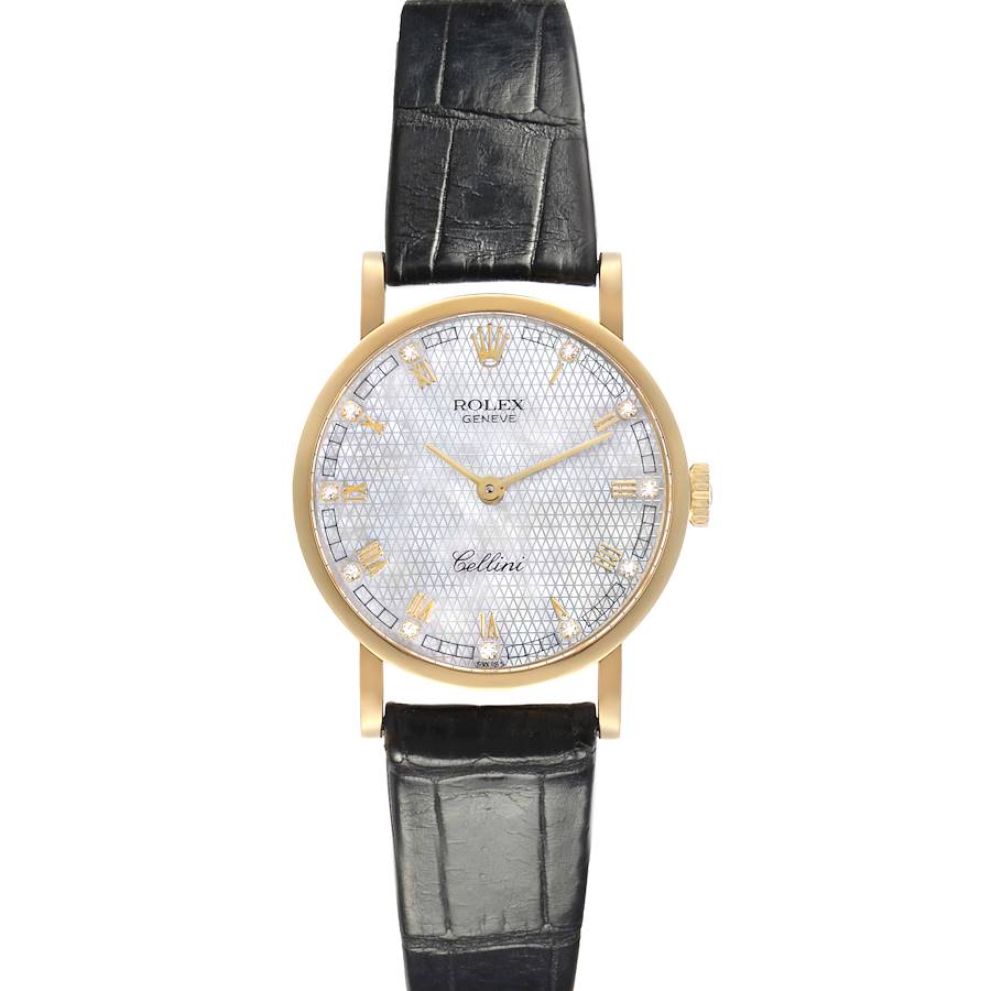 The Rolex Cellini watch is shown from the front, displaying the dial, hands, gold case, and a black leather strap.