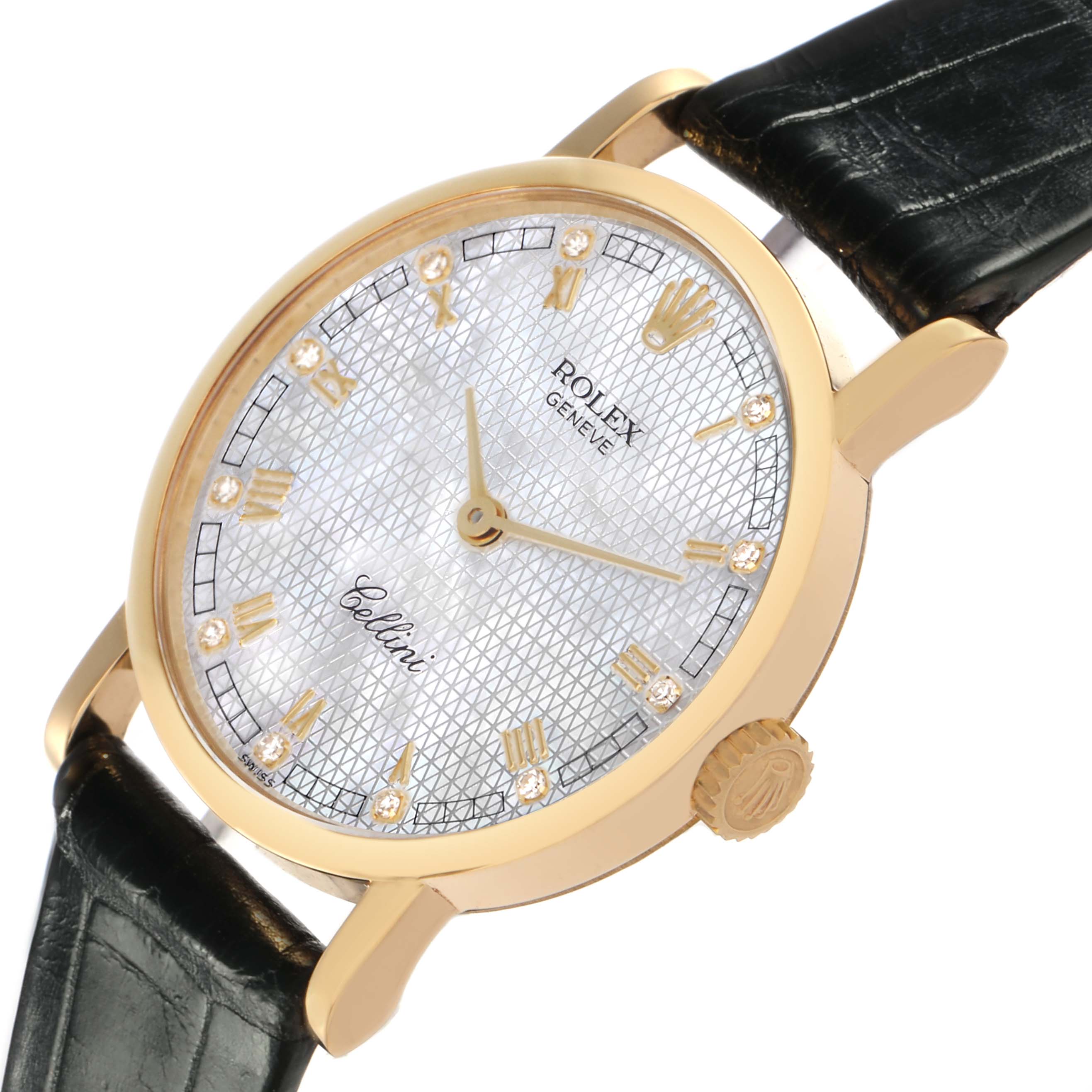 The Rolex Cellini 5109 Women
s Yellow Gold Mother of Pearl Dial 5109 Women
s Yellow Gold Mother of Pearl Dial watch is shown at a slight angled view, highlighting its face, bezel, crown, and leather strap.