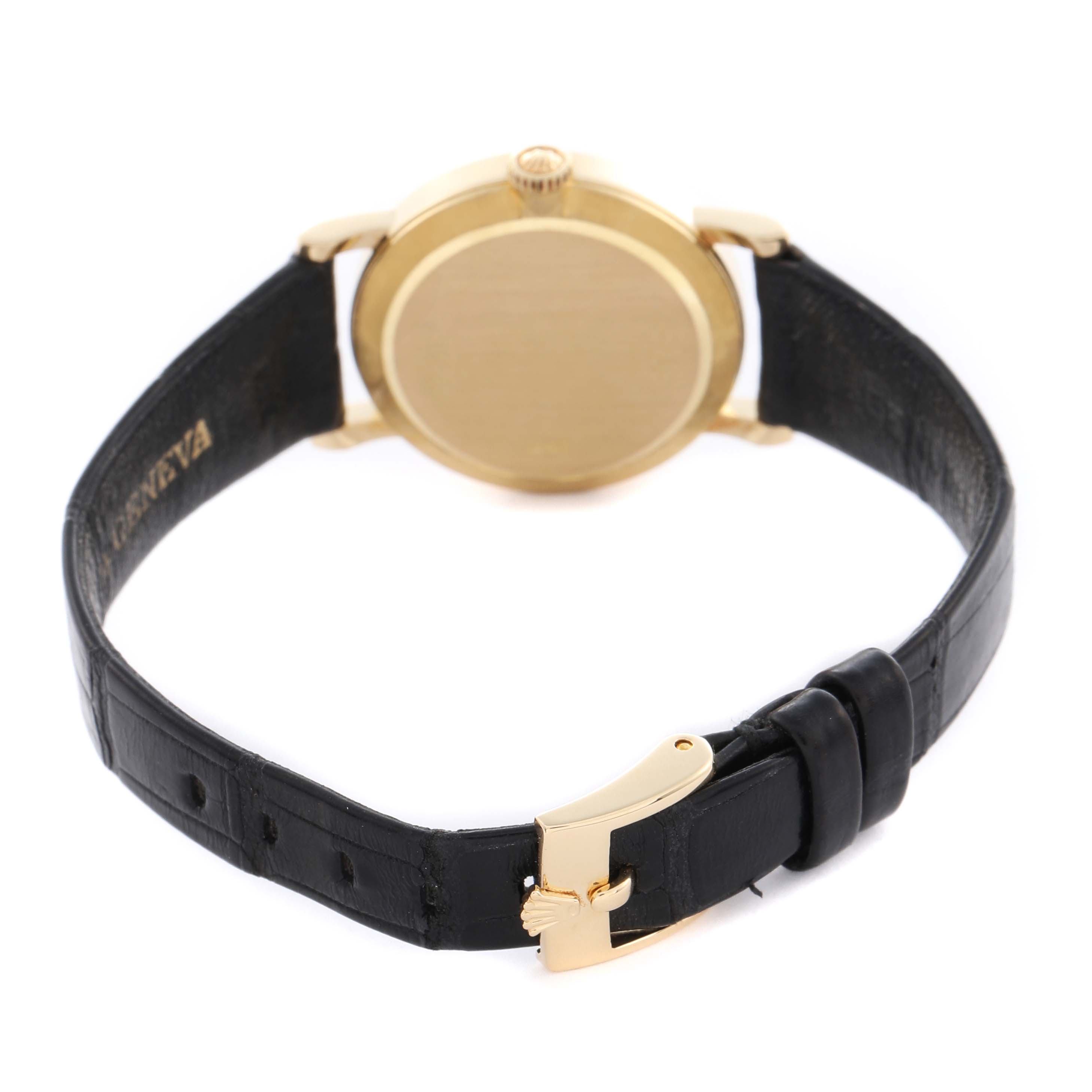 The image shows the back of a Rolex Cellini 5109 Women
s Yellow Gold Mother of Pearl Dial 5109 Women
s Yellow Gold Mother of Pearl Dial watch with a visible leather strap and gold buckle.