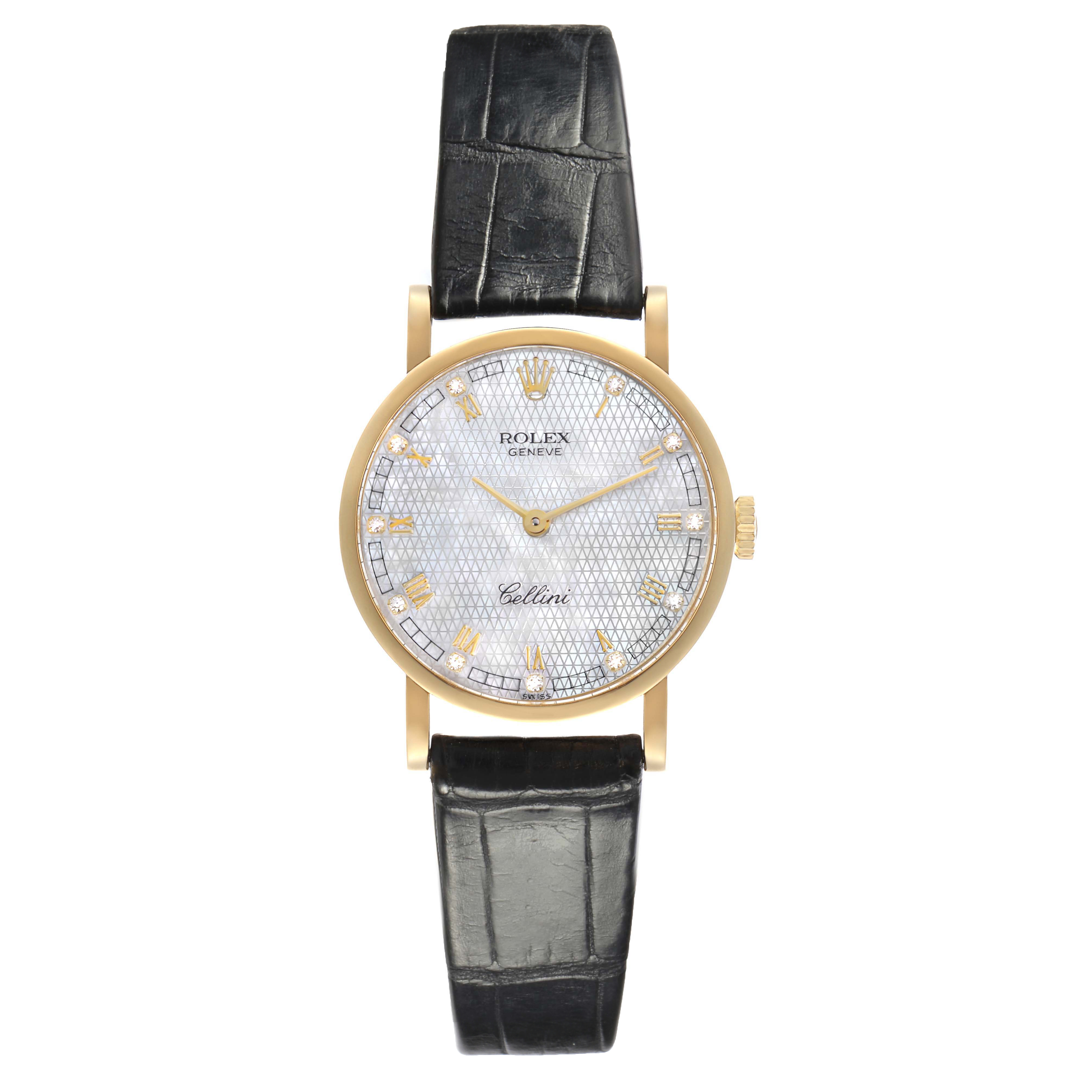 The Rolex Cellini 5109 Women
s Yellow Gold Mother of Pearl Dial 5109 Women
s Yellow Gold Mother of Pearl Dial watch is shown at a front angle, displaying the dial, strap, and crown.