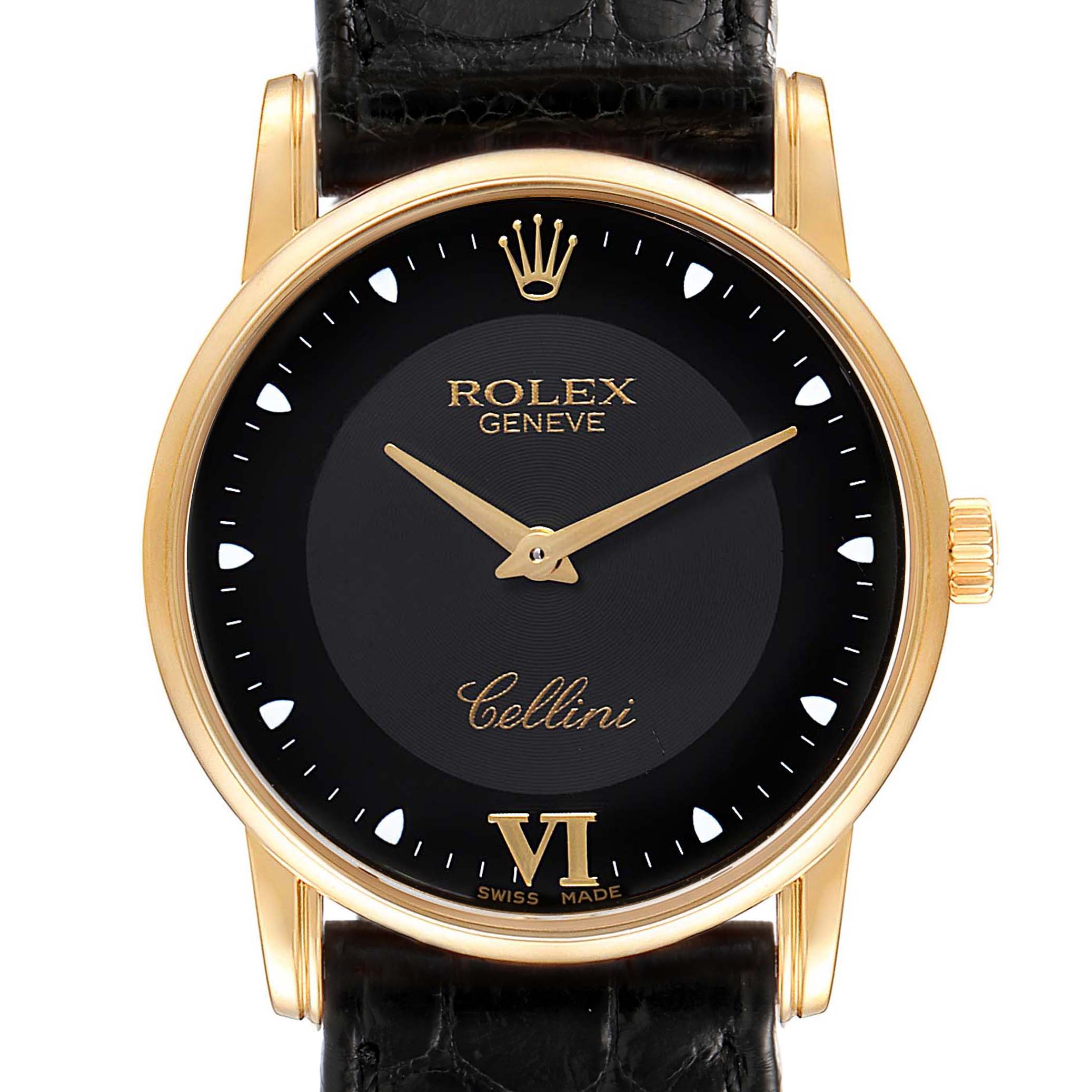 The image shows a frontal view of a Rolex Cellini 5116 Men's Yellow Gold Black Dial 5116 Men's Yellow Gold Black Dial watch, highlighting its black dial, gold casing, and crown with a leather strap.