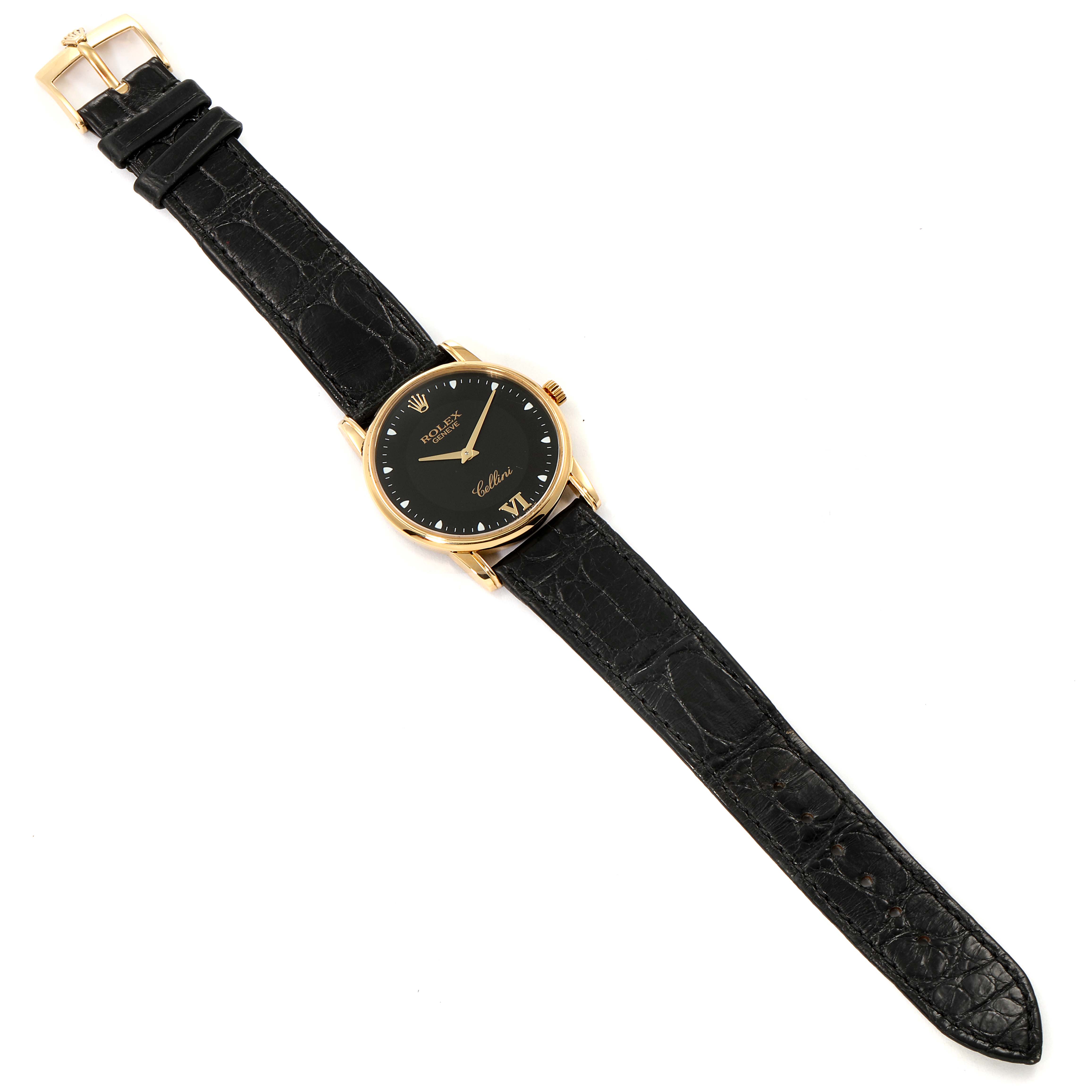 The Rolex Cellini 5116 Men's Yellow Gold Black Dial 5116 Men's Yellow Gold Black Dial watch is shown from a top-down angle, displaying the entire watch face and leather strap.