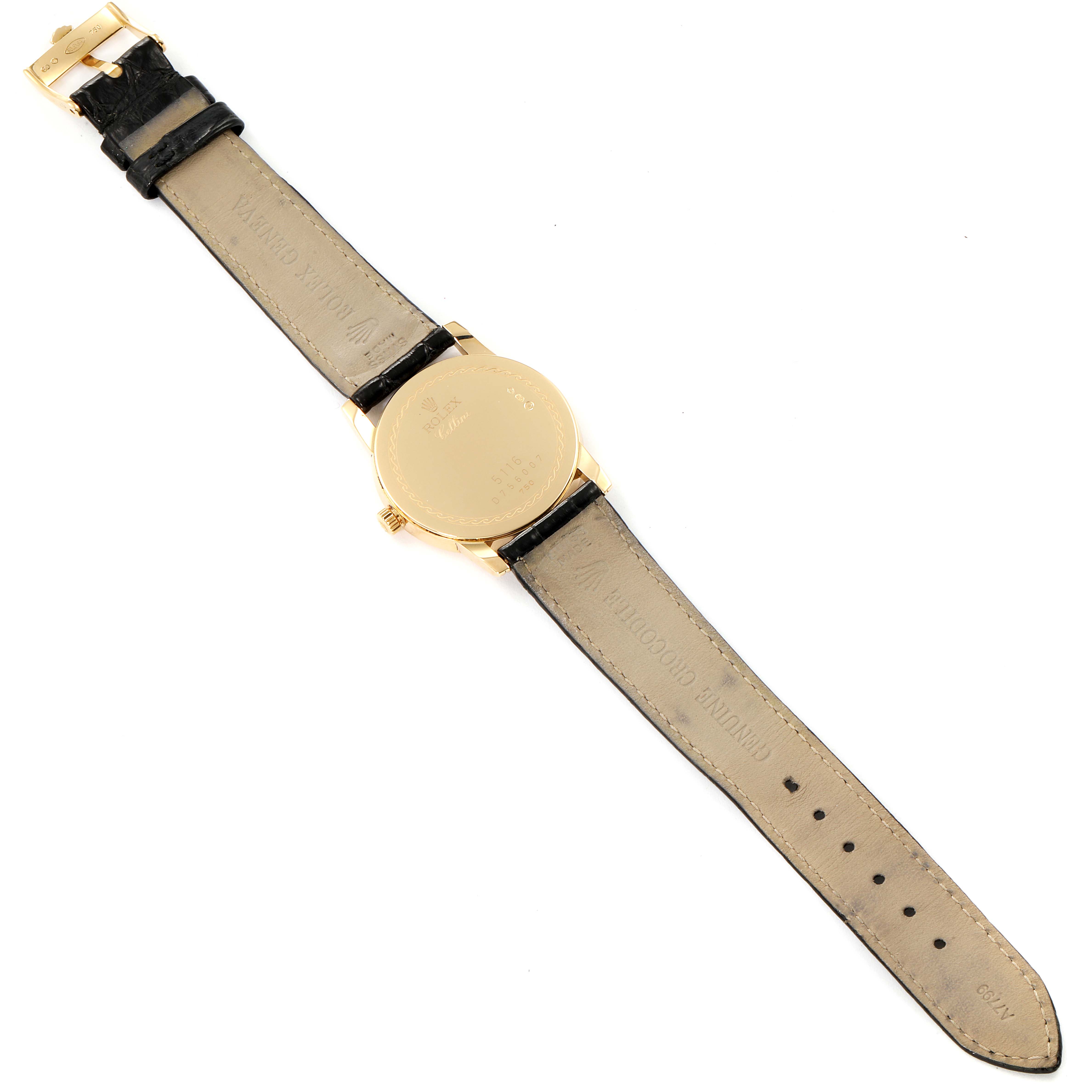 The image shows the back view of a Rolex Cellini 5116 Men's Yellow Gold Black Dial 5116 Men's Yellow Gold Black Dial watch, featuring its leather strap and gold case back.