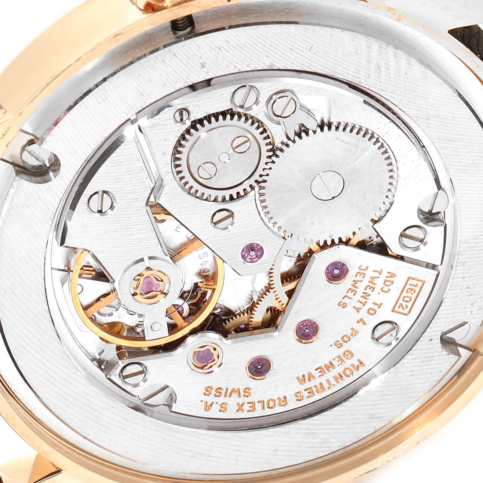 This is a close-up view of the movement mechanism inside the Rolex Cellini 5116 Men's Yellow Gold Black Dial 5116 Men's Yellow Gold Black Dial watch.