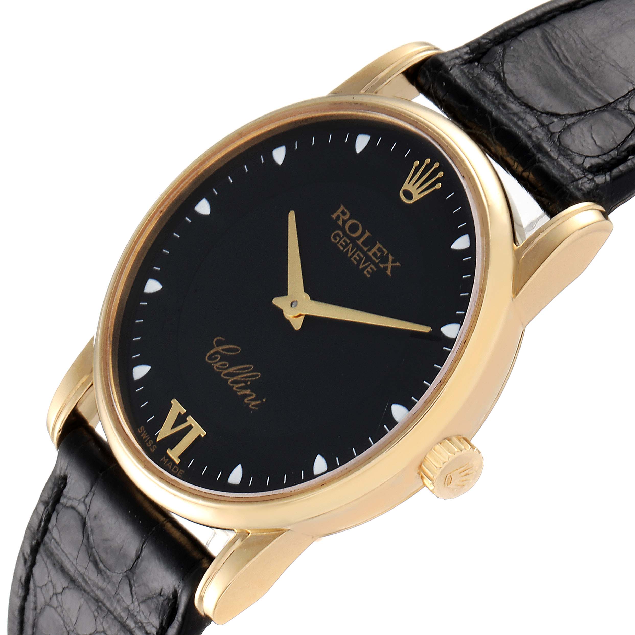 This is a Rolex Cellini 5116 Men's Yellow Gold Black Dial 5116 Men's Yellow Gold Black Dial watch shown at an angle displaying its black dial, gold-tone case, crown, and black leather strap.
