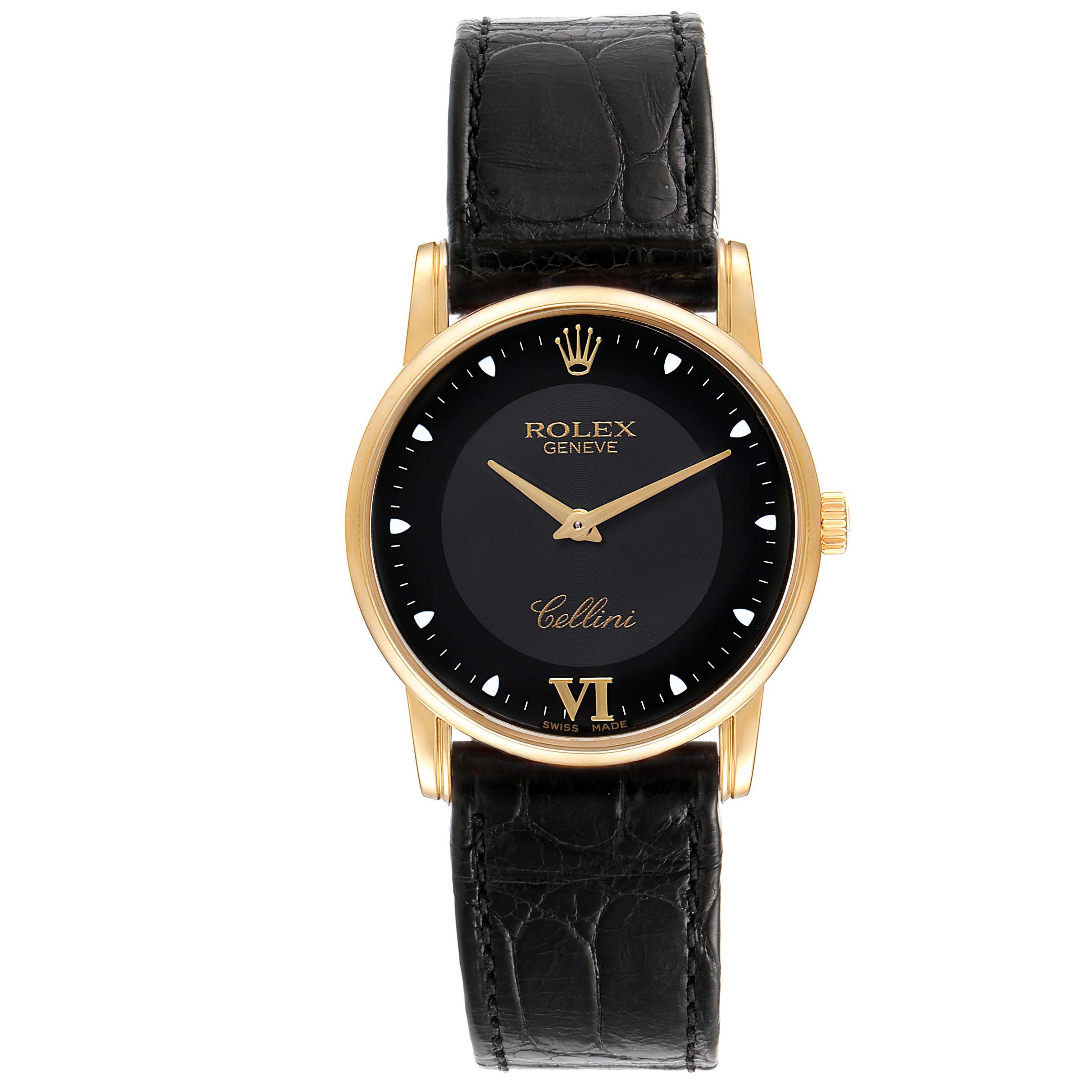 The image shows a frontal view of the Rolex Cellini 5116 Men's Yellow Gold Black Dial 5116 Men's Yellow Gold Black Dial watch, displaying its black dial, gold casing, and black leather strap.