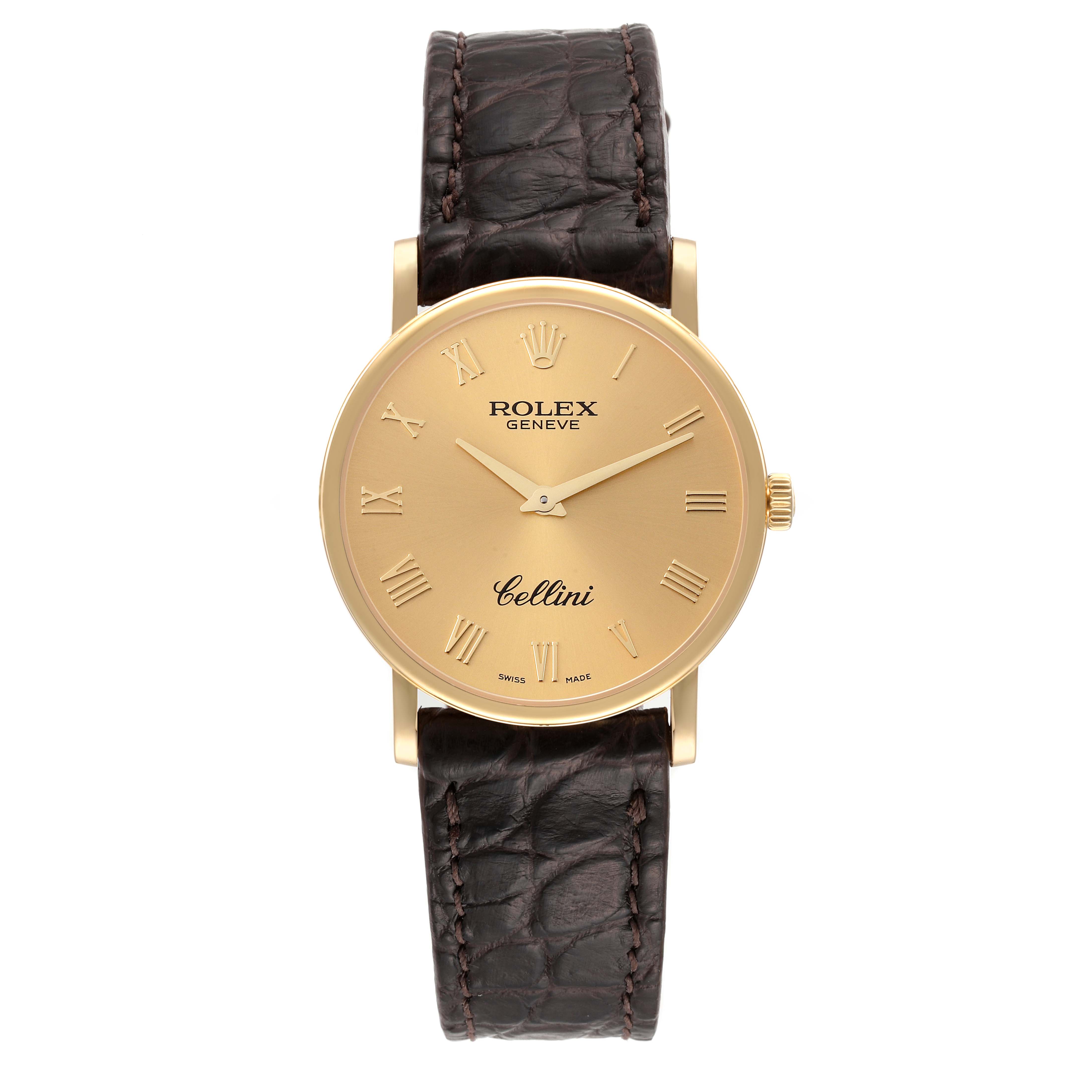 This image shows a front view of the Rolex Cellini 5115 Men's Yellow Gold Champagne Dial 5115 Men's Yellow Gold Champagne Dial watch, highlighting its gold face, Roman numerals, and dark leather strap.