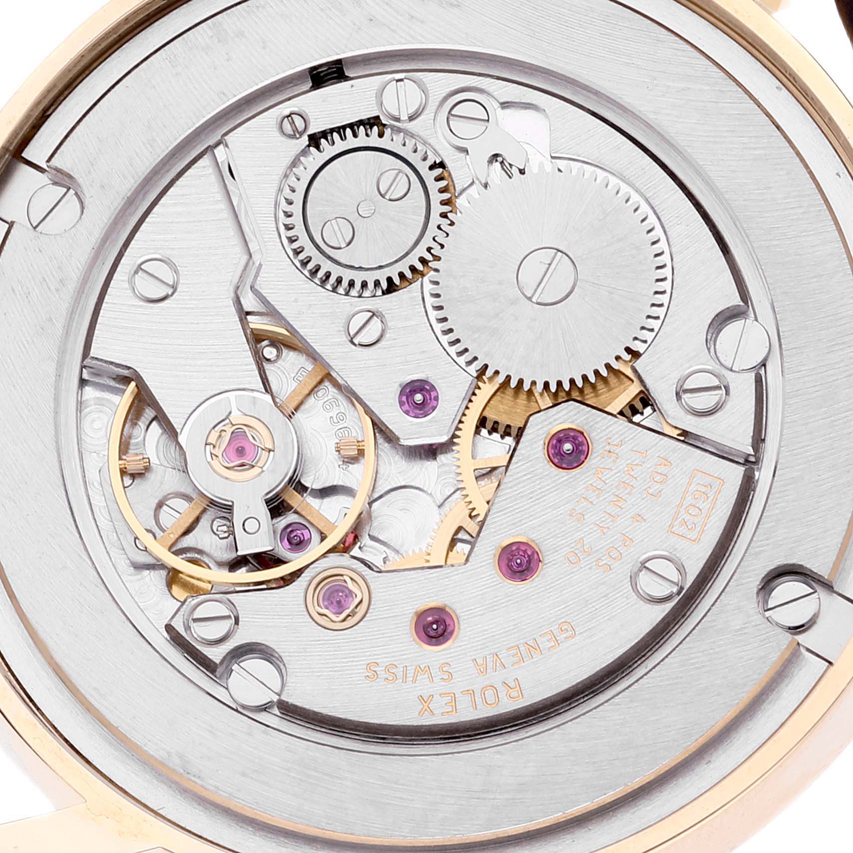 This image shows the internal mechanism of a Rolex Cellini 5115 Men's Yellow Gold Champagne Dial 5115 Men's Yellow Gold Champagne Dial watch, highlighting gears and intricate parts.