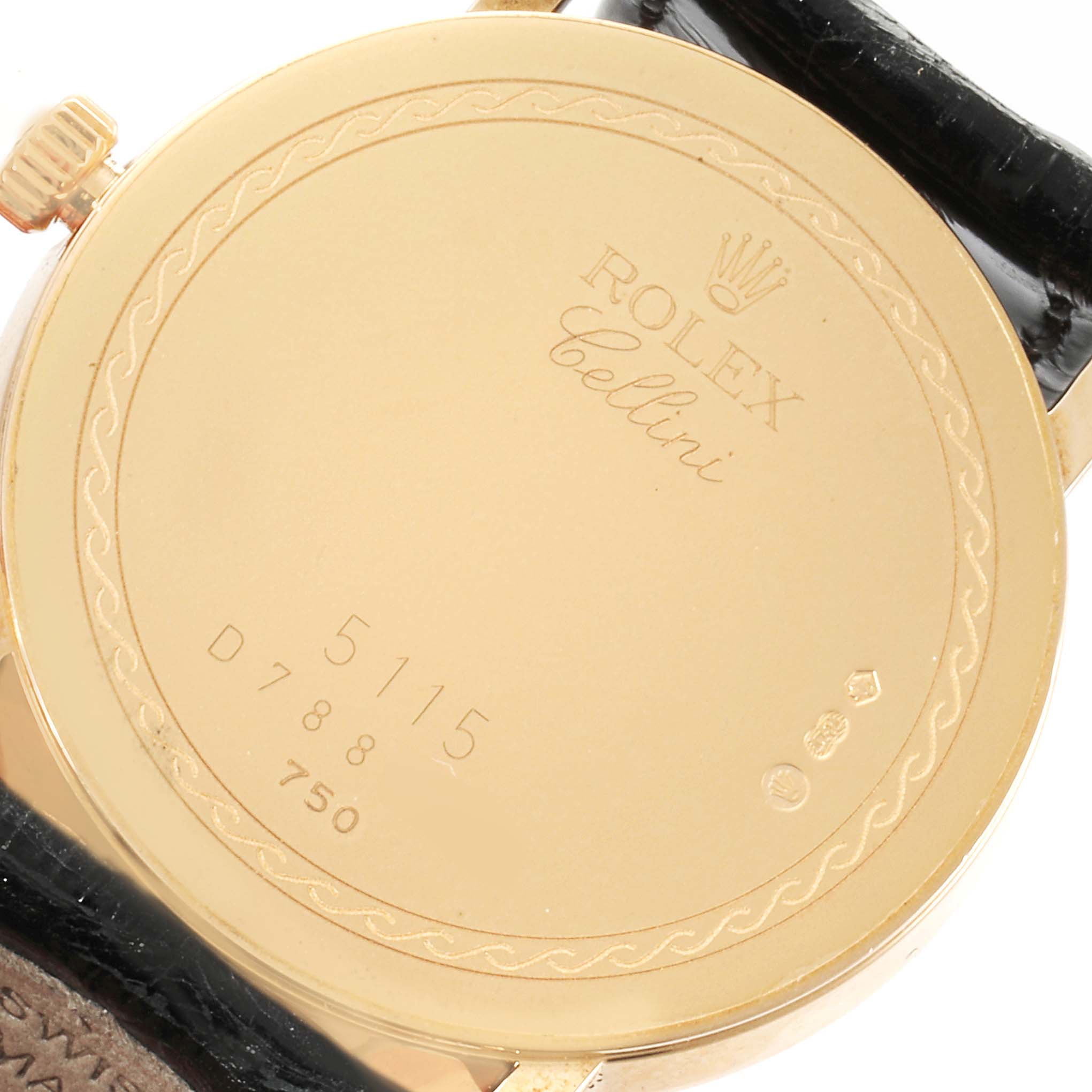 This image shows the back case of the Rolex Cellini 5115 Men's Yellow Gold Silver Dial 5115 Men's Yellow Gold Silver Dial watch, including the brand engraving and serial numbers.