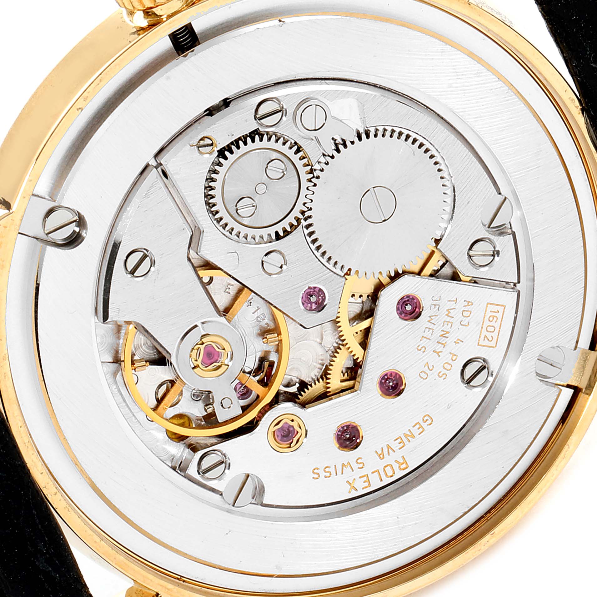 The image shows the inner mechanical workings of a Rolex Cellini 5115 Men's Yellow Gold Silver Dial 5115 Men's Yellow Gold Silver Dial watch, focusing on the gear and movement mechanisms.