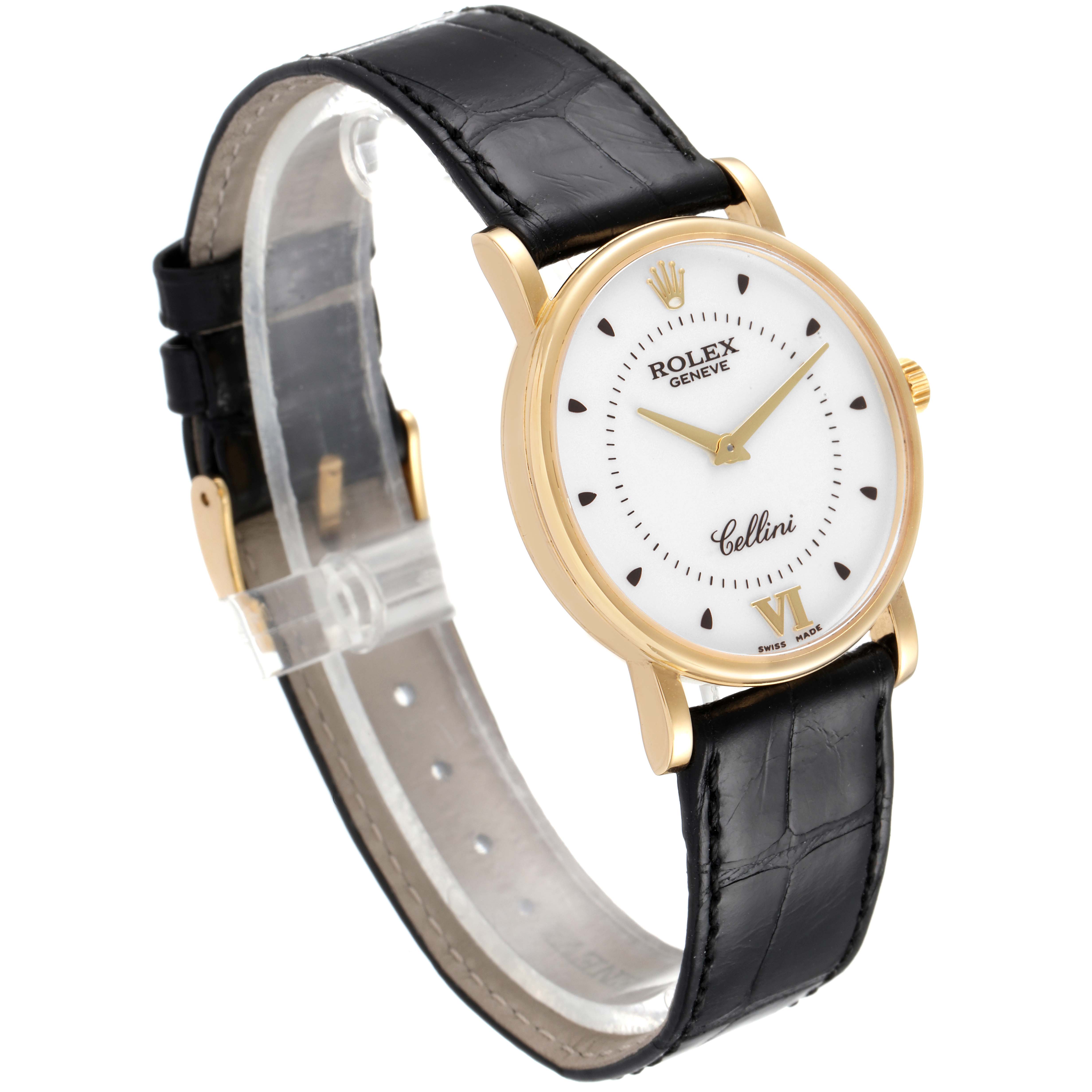 The image shows a Rolex Cellini 5115 Men's Yellow Gold Silver Dial 5115 Men's Yellow Gold Silver Dial watch at a side angle, highlighting the round dial, gold case, and black leather strap.