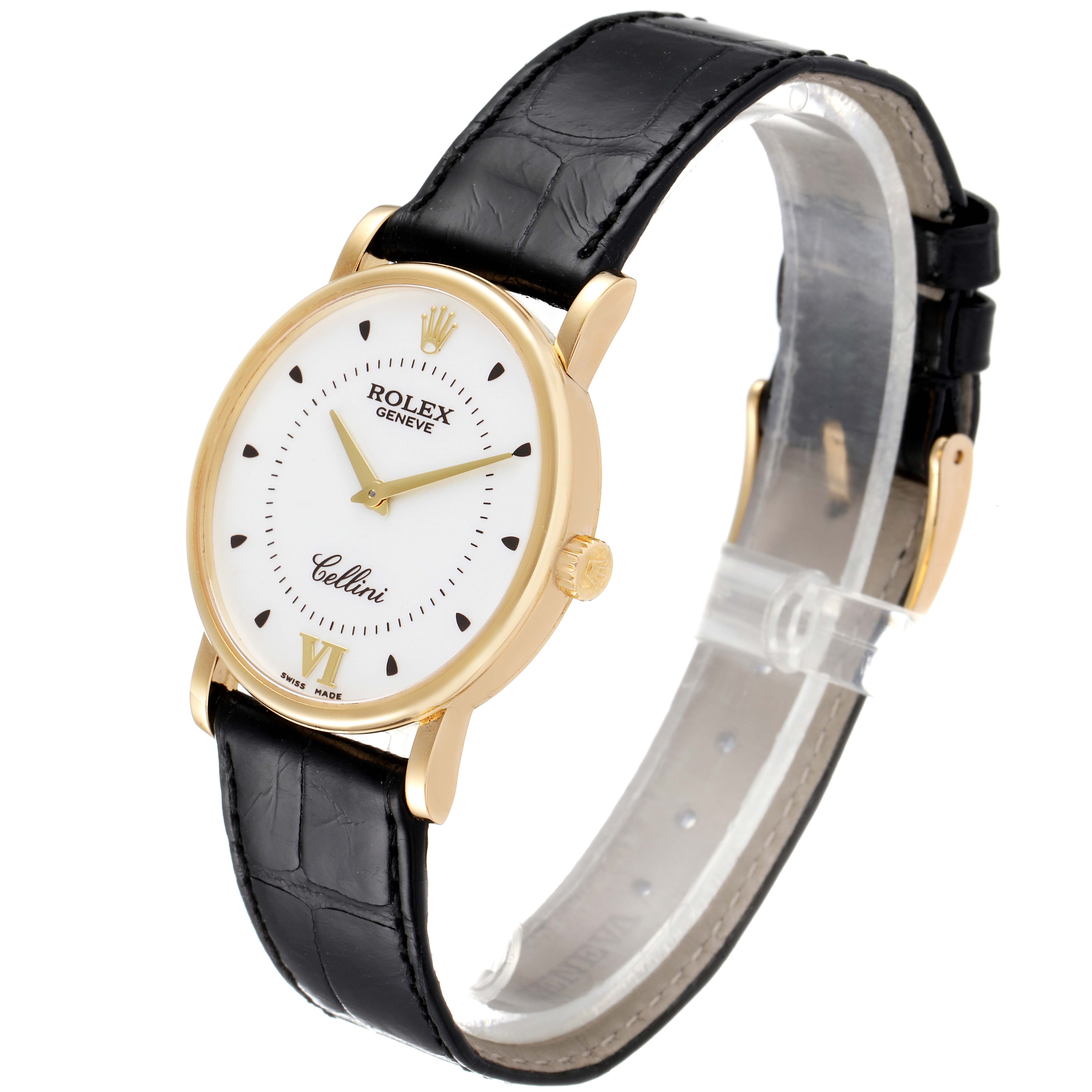 The image shows a side angle of the Rolex Cellini 5115 Men's Yellow Gold Silver Dial 5115 Men's Yellow Gold Silver Dial watch, highlighting its face, gold case, crown, and black leather strap.