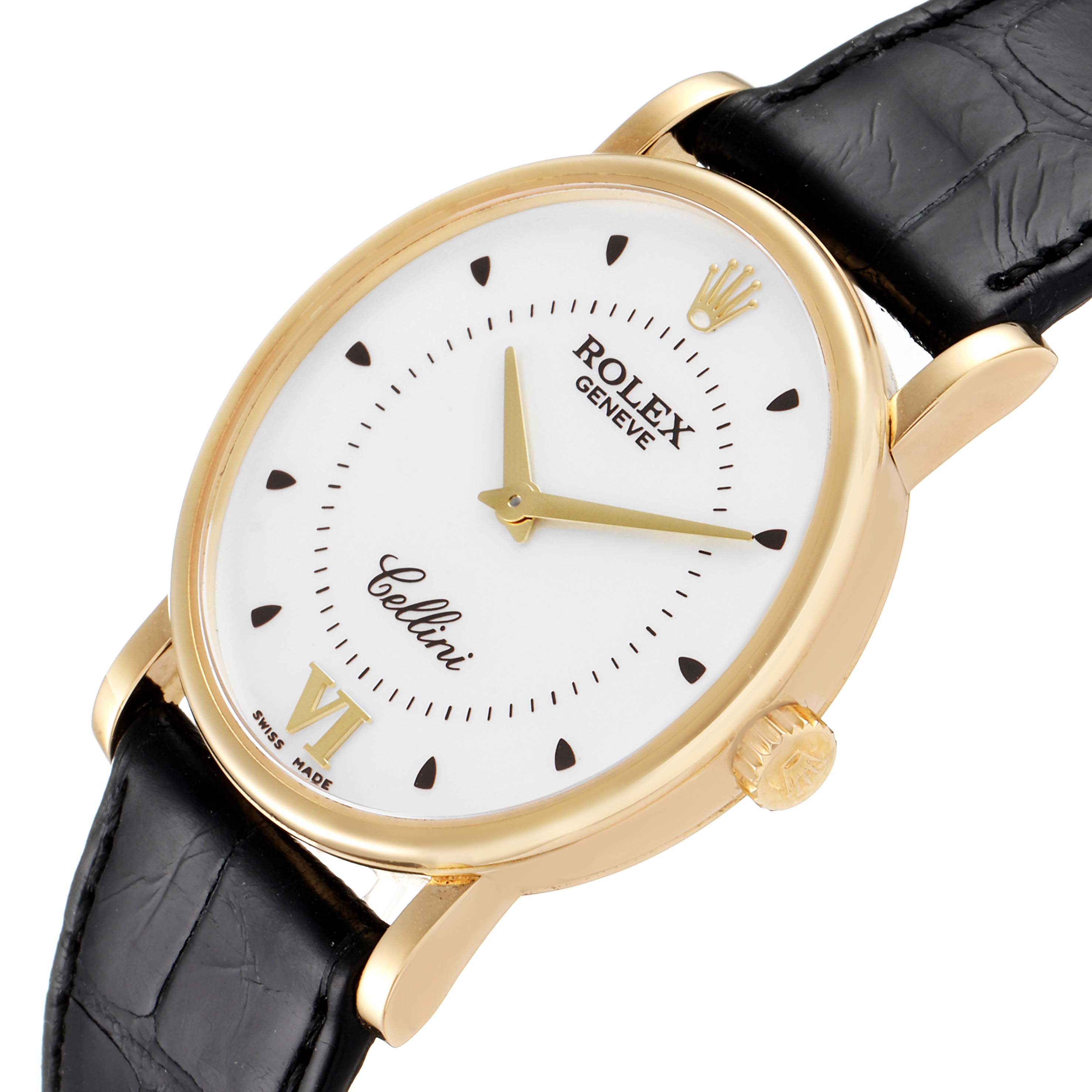 The image shows a Rolex Cellini 5115 Men's Yellow Gold Silver Dial 5115 Men's Yellow Gold Silver Dial watch face and part of the black leather strap at a slight angle.