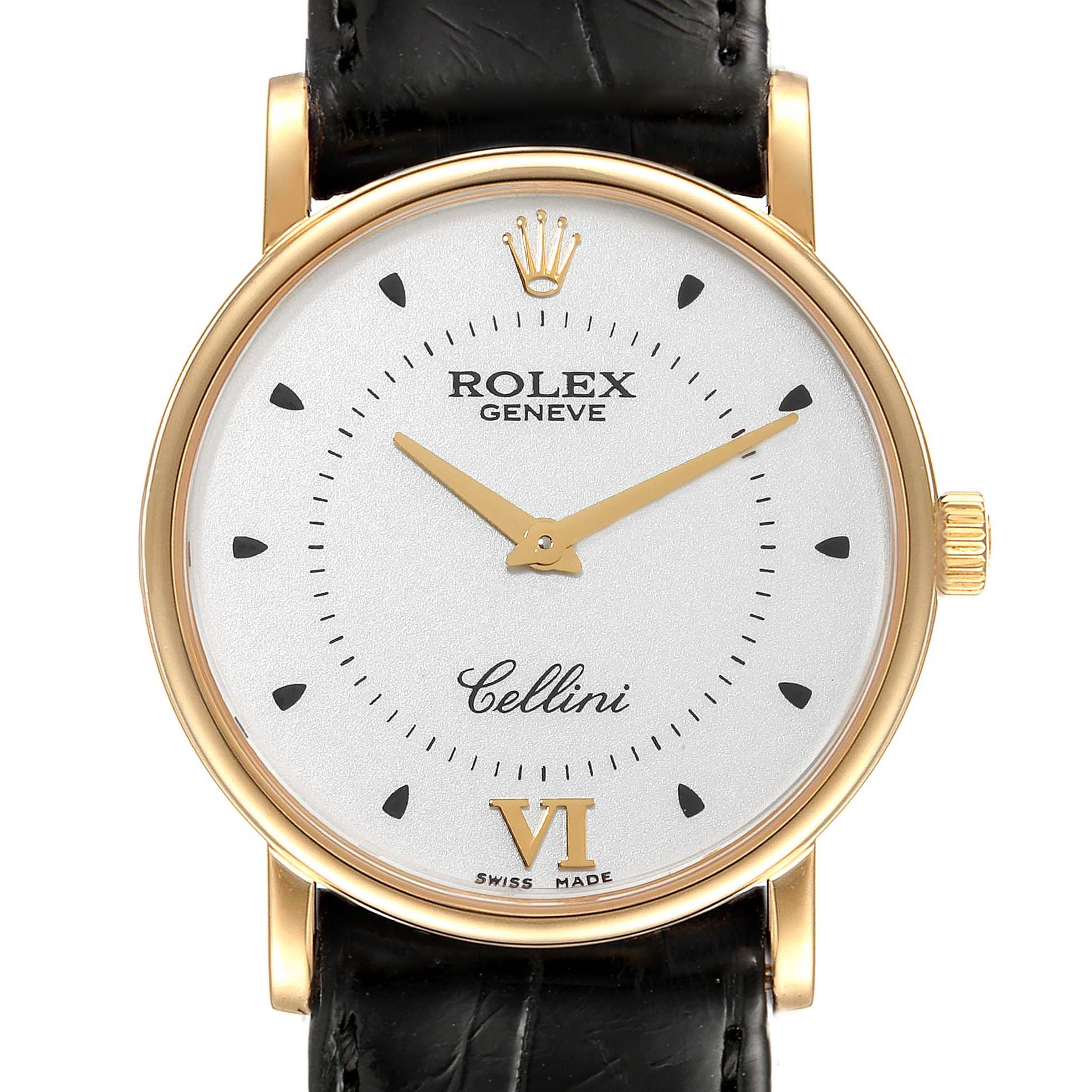 The image shows a frontal view of the Rolex Cellini 5115 Men's Yellow Gold Silver Dial 5115 Men's Yellow Gold Silver Dial watch, highlighting its dial, hour markers, hands, crown, and leather strap.