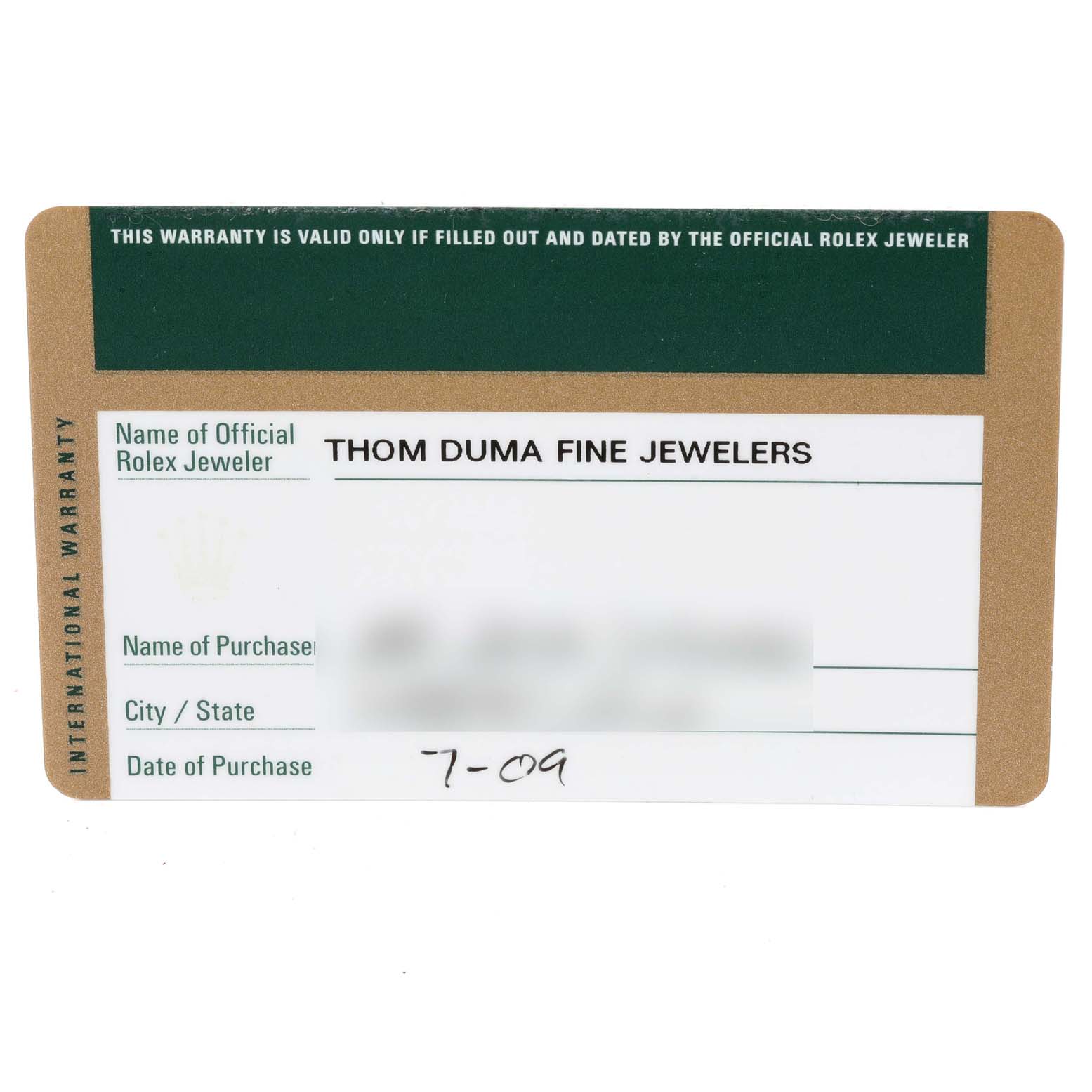 The image shows the front of a warranty card for a Rolex Cellini 5115 Men's Yellow Gold Silver Dial 5115 Men's Yellow Gold Silver Dial watch.