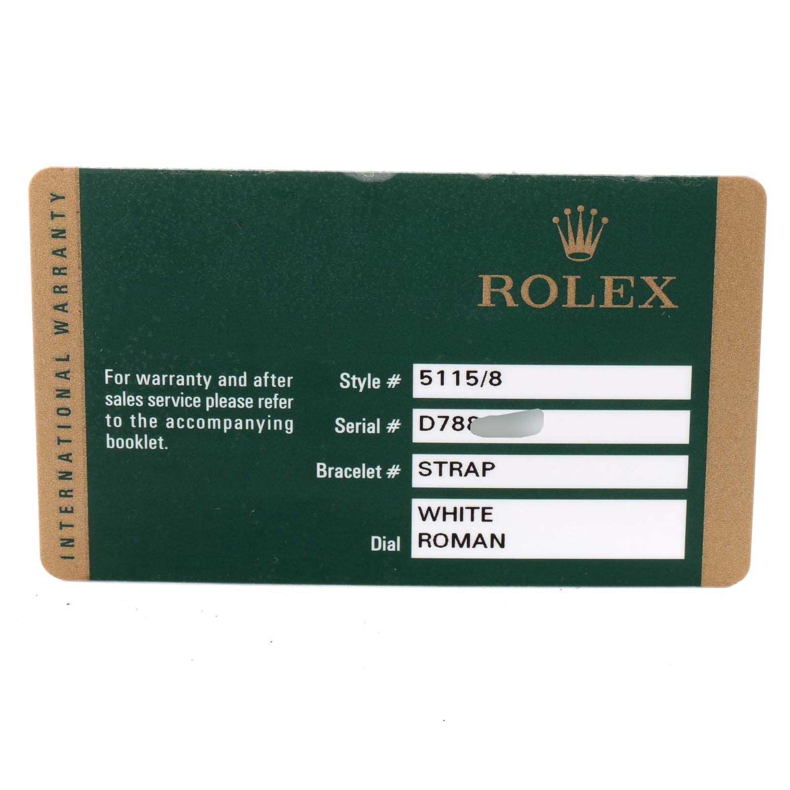 The image shows a warranty card for the Rolex Cellini 5115 Men's Yellow Gold Silver Dial 5115 Men's Yellow Gold Silver Dial model, detailing style, serial number, strap, and dial information.