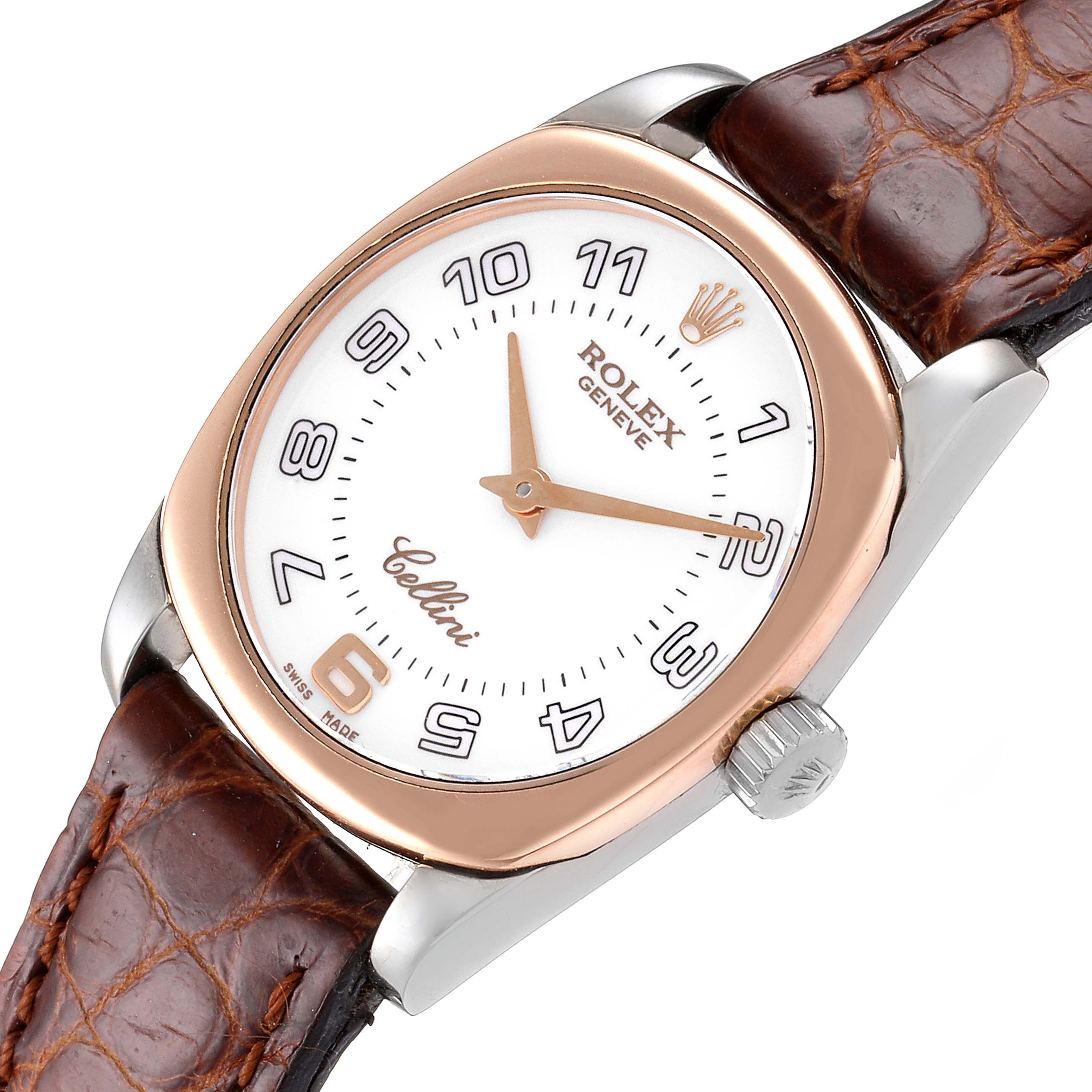 The Rolex Cellini 6229 Women's White Gold White Dial 6229 Women's White Gold White Dial watch is shown from a top-down angle, highlighting its dial, hands, bezel, crown, and leather strap.
