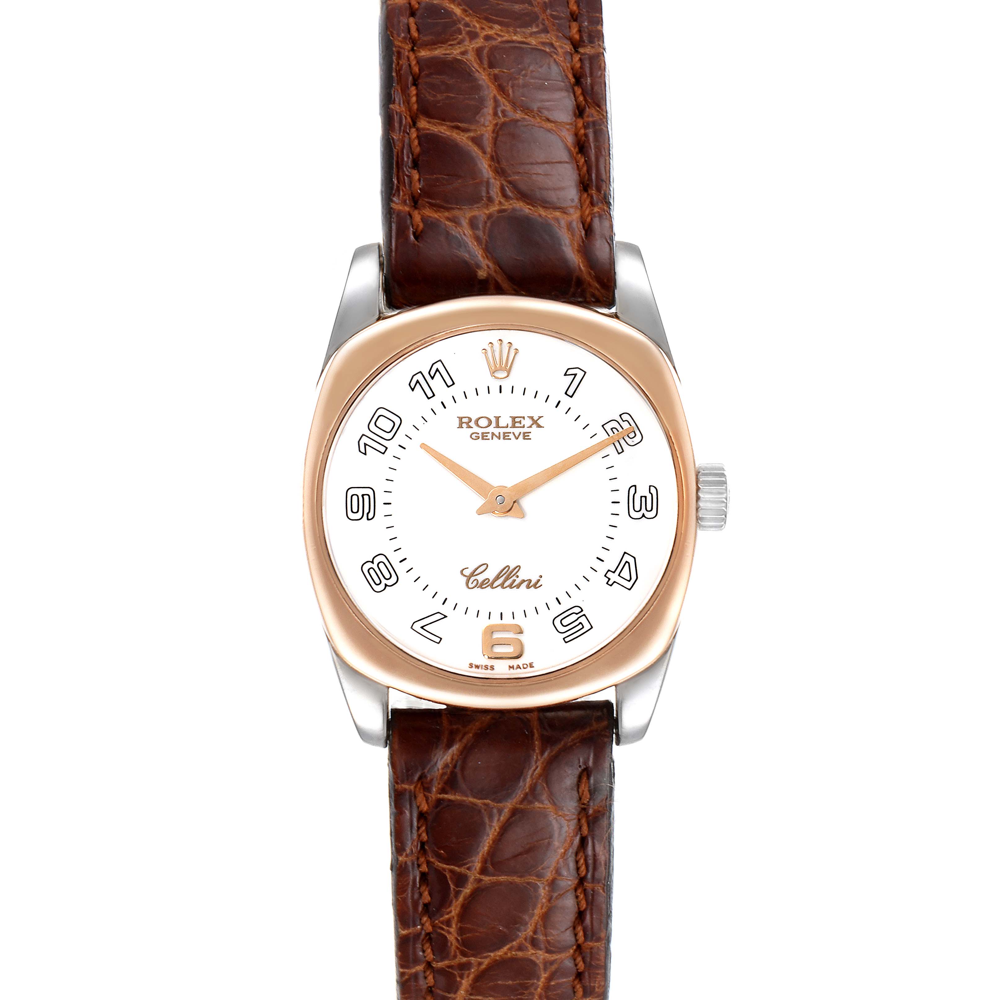 The image shows a front view of the Rolex Cellini 6229 Women's White Gold White Dial 6229 Women's White Gold White Dial watch, displaying its dial, hands, and leather strap.