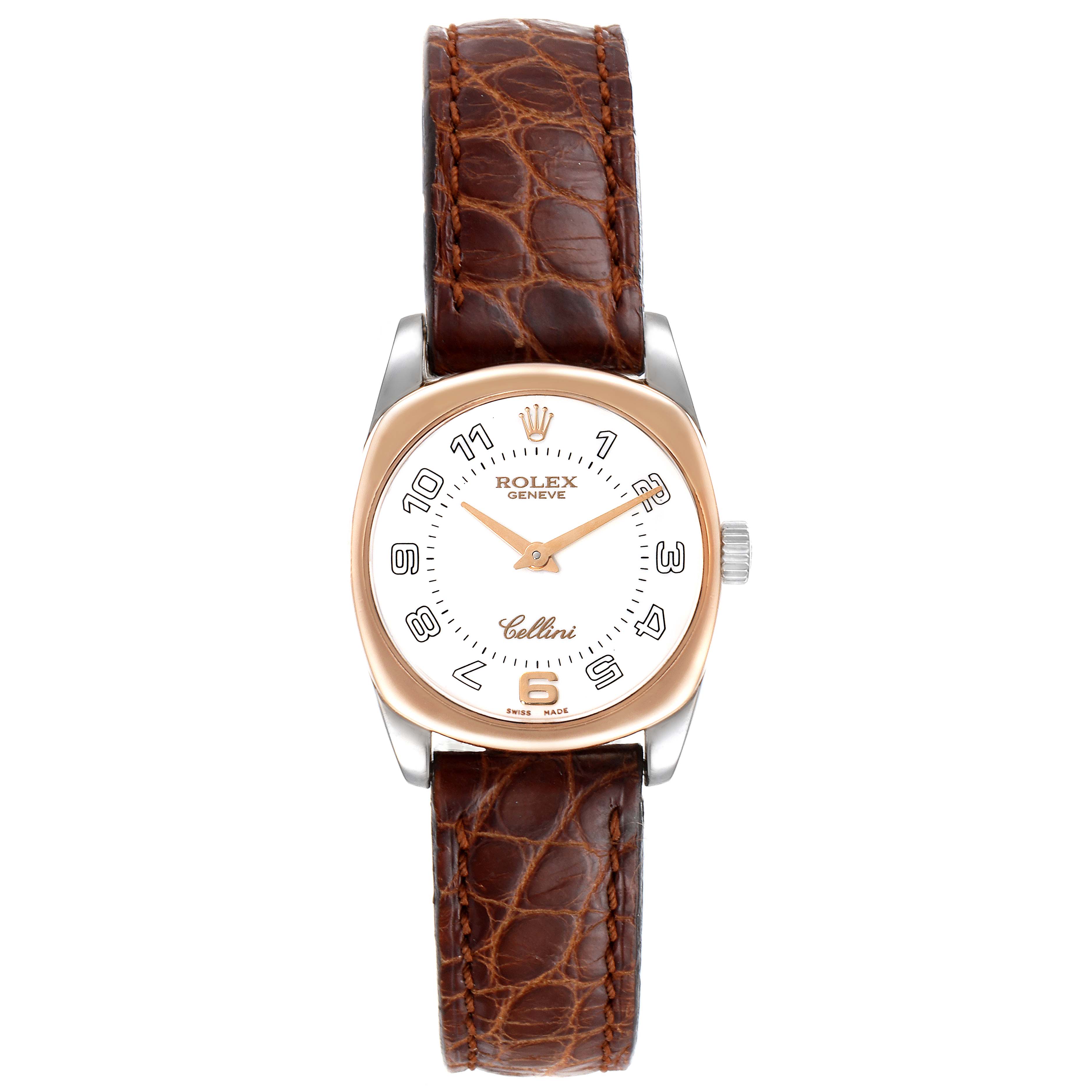 The Rolex Cellini 6229 Women's White Gold White Dial 6229 Women's White Gold White Dial watch is shown from a top-down angle, displaying the watch face, crown, and brown leather strap.