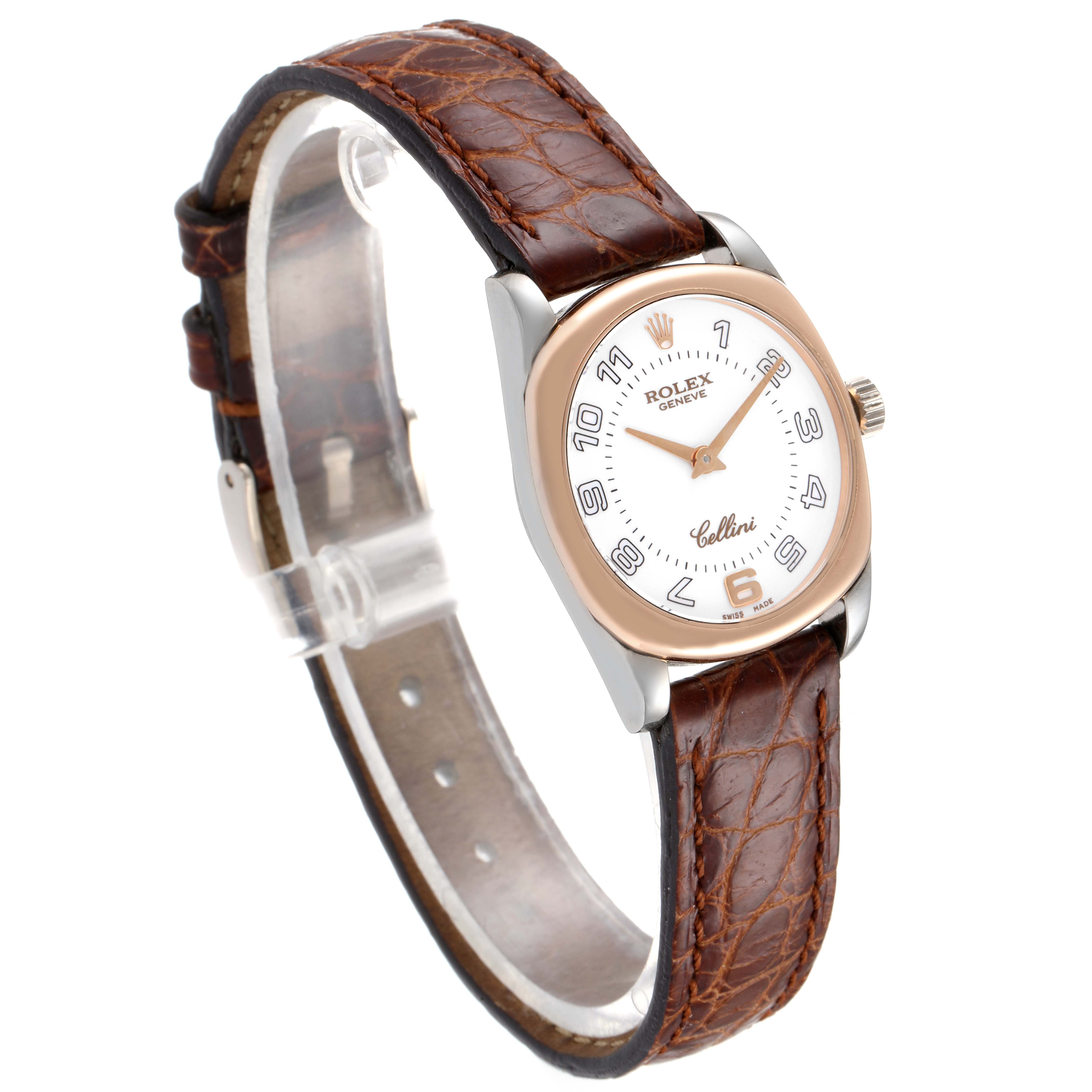 The image shows a Rolex Cellini 6229 Women's White Gold White Dial 6229 Women's White Gold White Dial watch at an angle displaying its brown leather strap, round white dial, and gold and silver case.