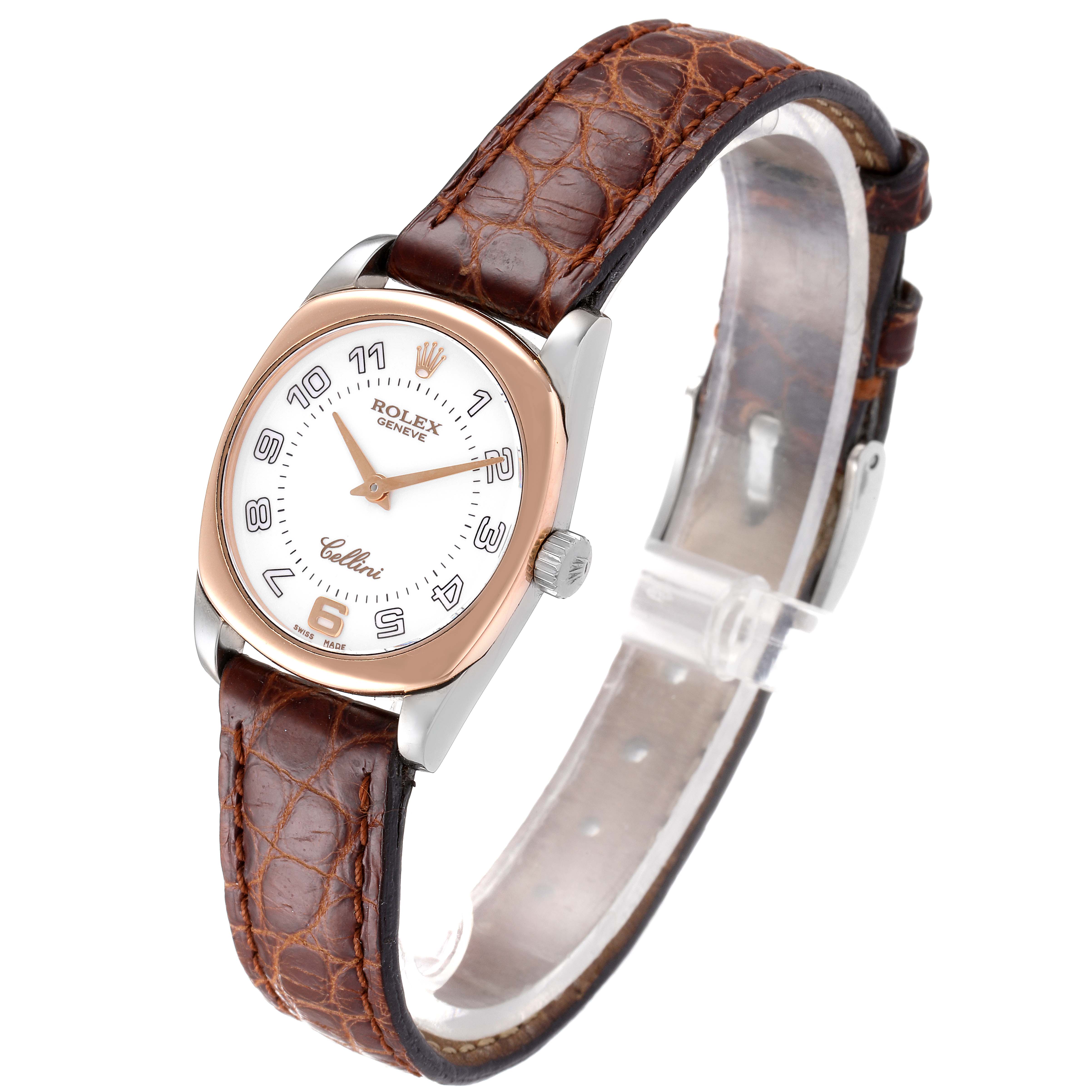 The image displays a side and top view of the Rolex Cellini 6229 Women's White Gold White Dial 6229 Women's White Gold White Dial model watch, highlighting its face, bezel, crown, and leather strap.