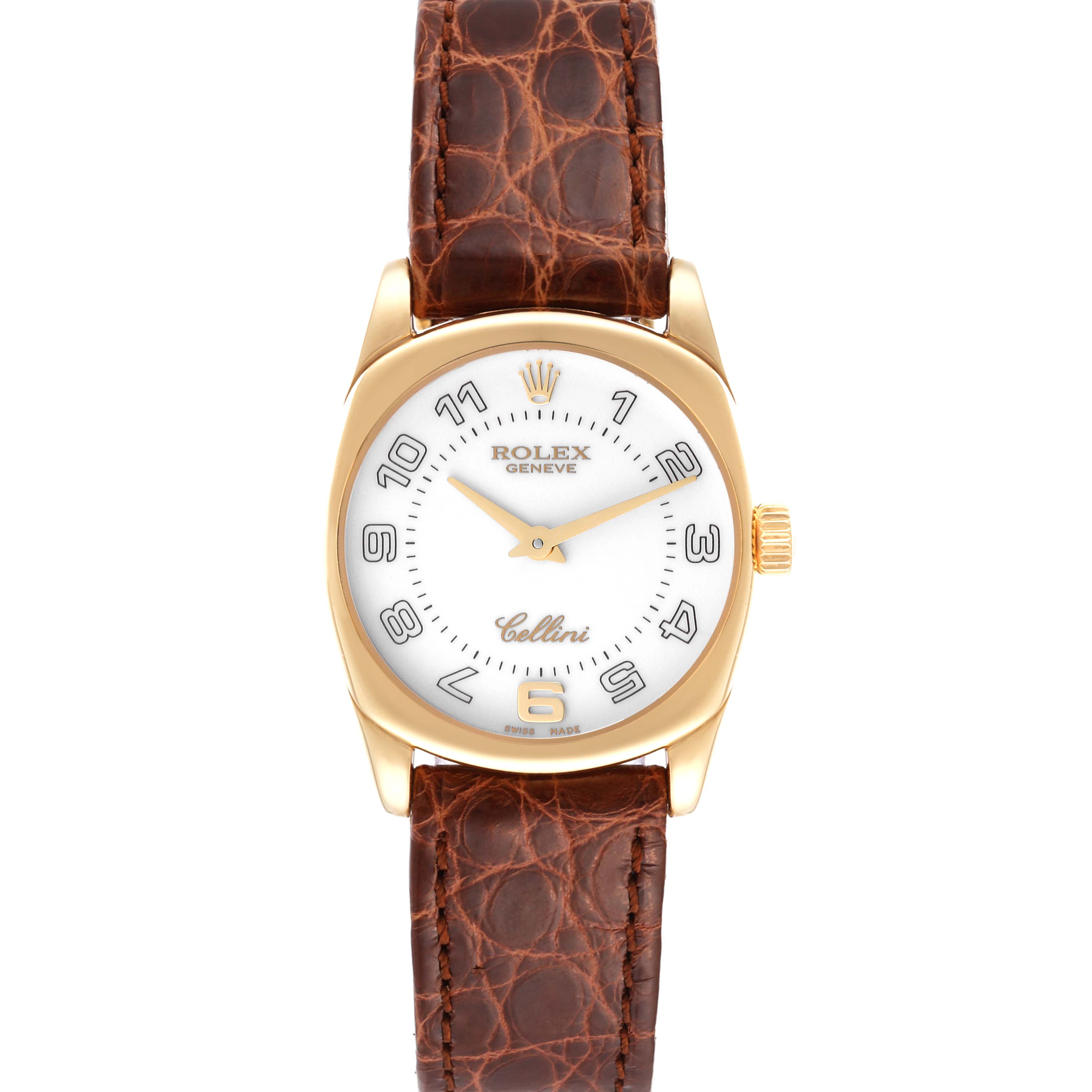 This image shows a Rolex Cellini 6229 Women's Yellow Gold White Dial 6229 Women's Yellow Gold White Dial watch from the top view, featuring a gold case, white dial, Arabic numerals, and a brown leather strap.