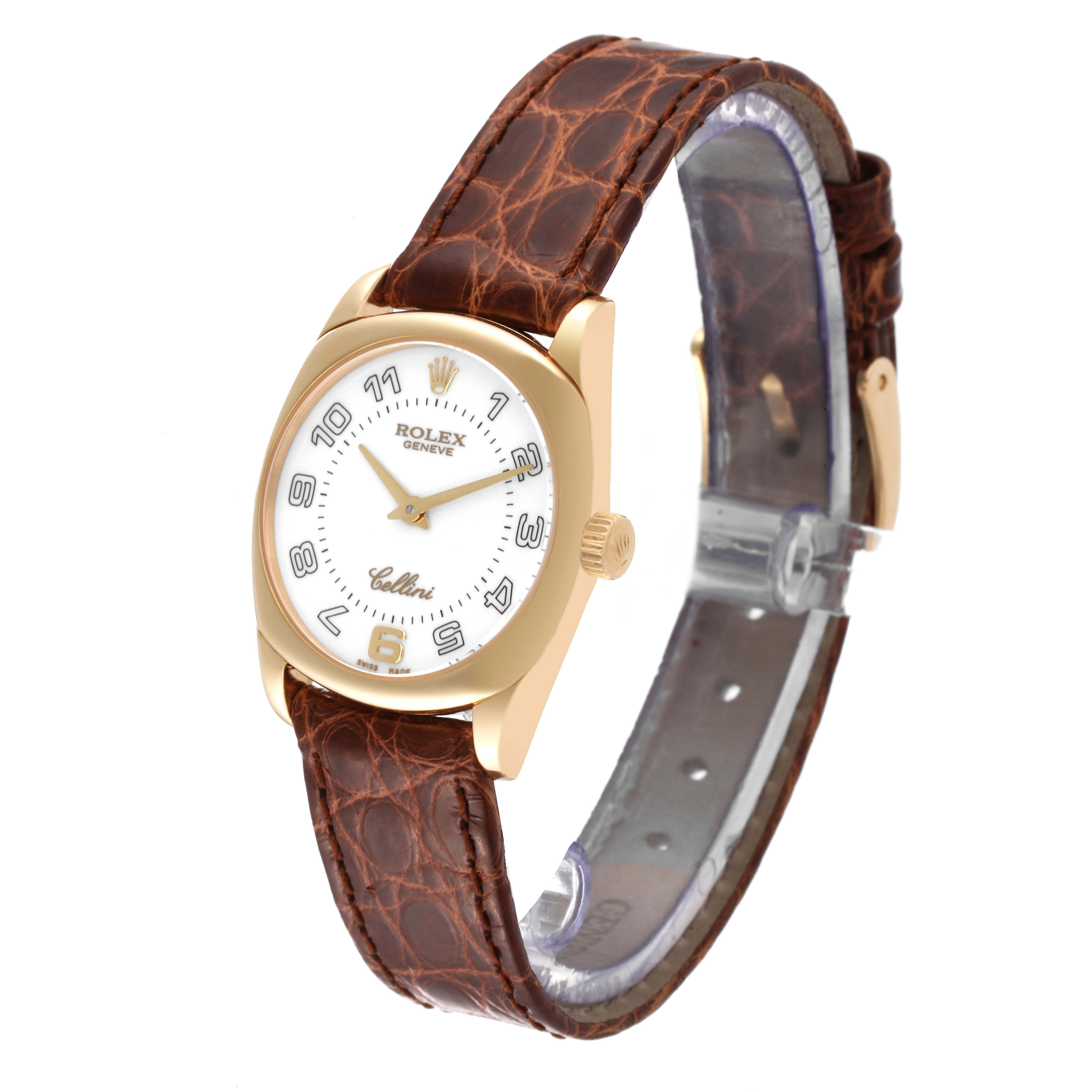This Rolex Cellini 6229 Women's Yellow Gold White Dial 6229 Women's Yellow Gold White Dial watch is shown at a front angle, showcasing its gold case, white dial, and brown leather strap.