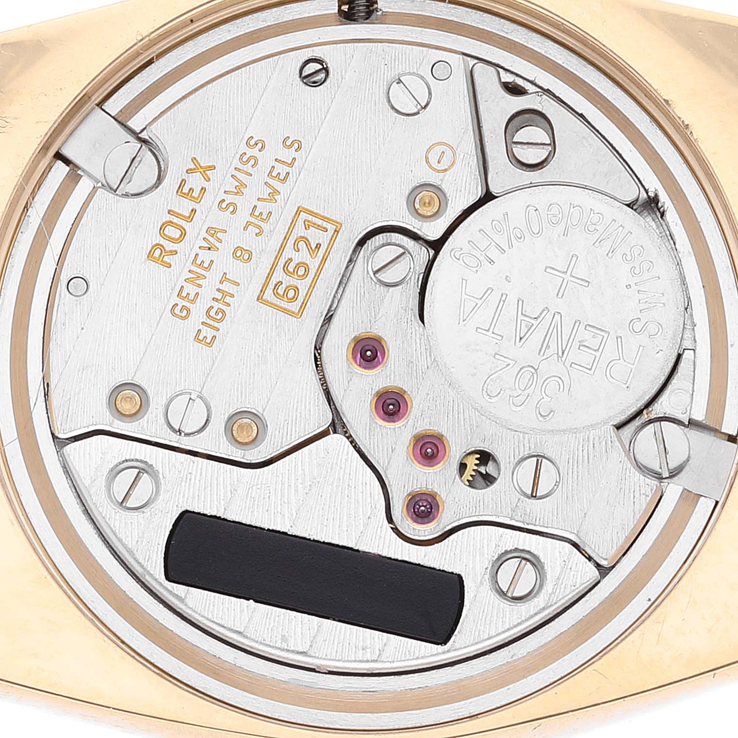 The image shows the internal movement of a Rolex Cellini 6229 Women's Yellow Gold White Dial 6229 Women's Yellow Gold White Dial watch from a close-up, top-down angle.