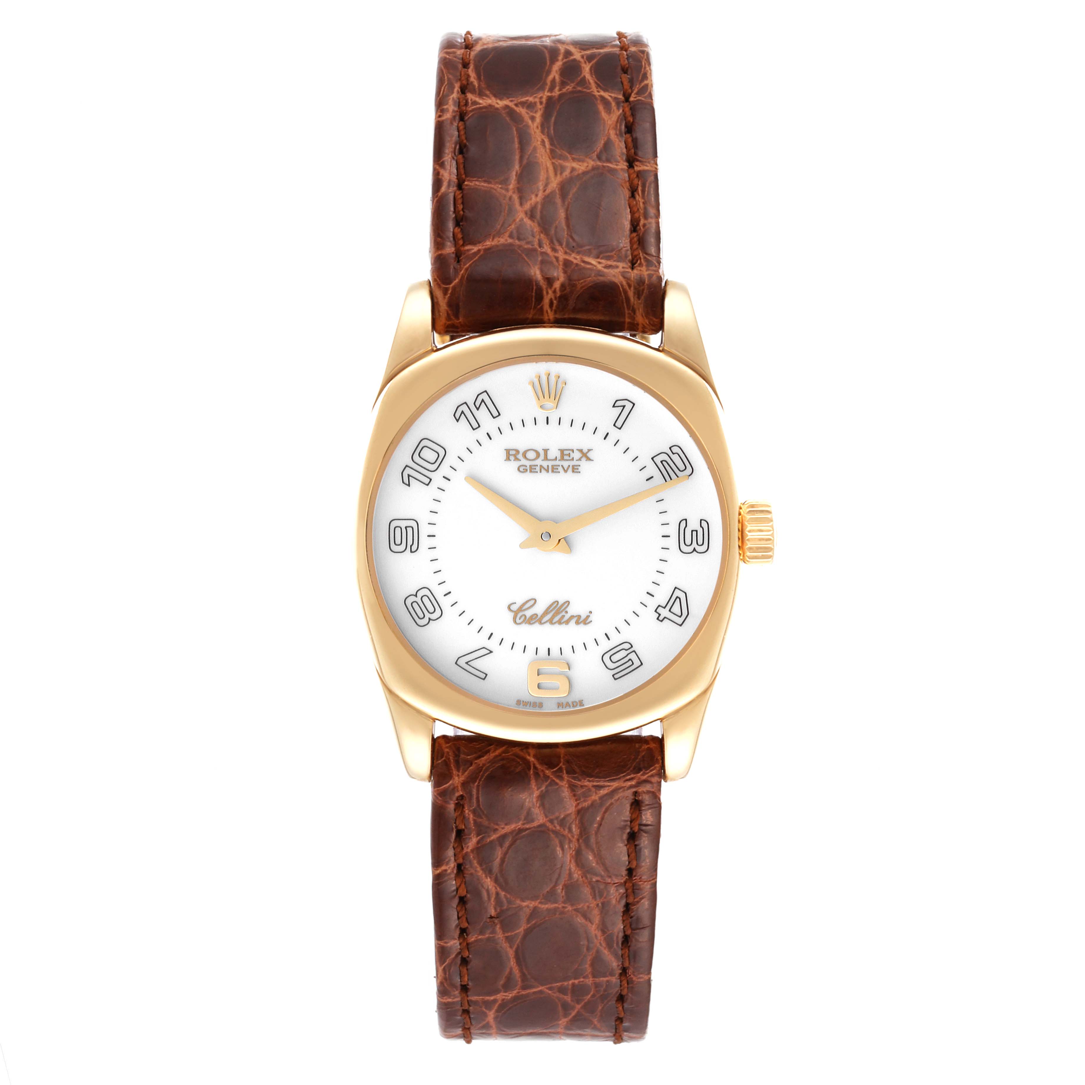 This image shows a front view of the Rolex Cellini 6229 Women's Yellow Gold White Dial 6229 Women's Yellow Gold White Dial watch, featuring its gold case and brown leather strap.