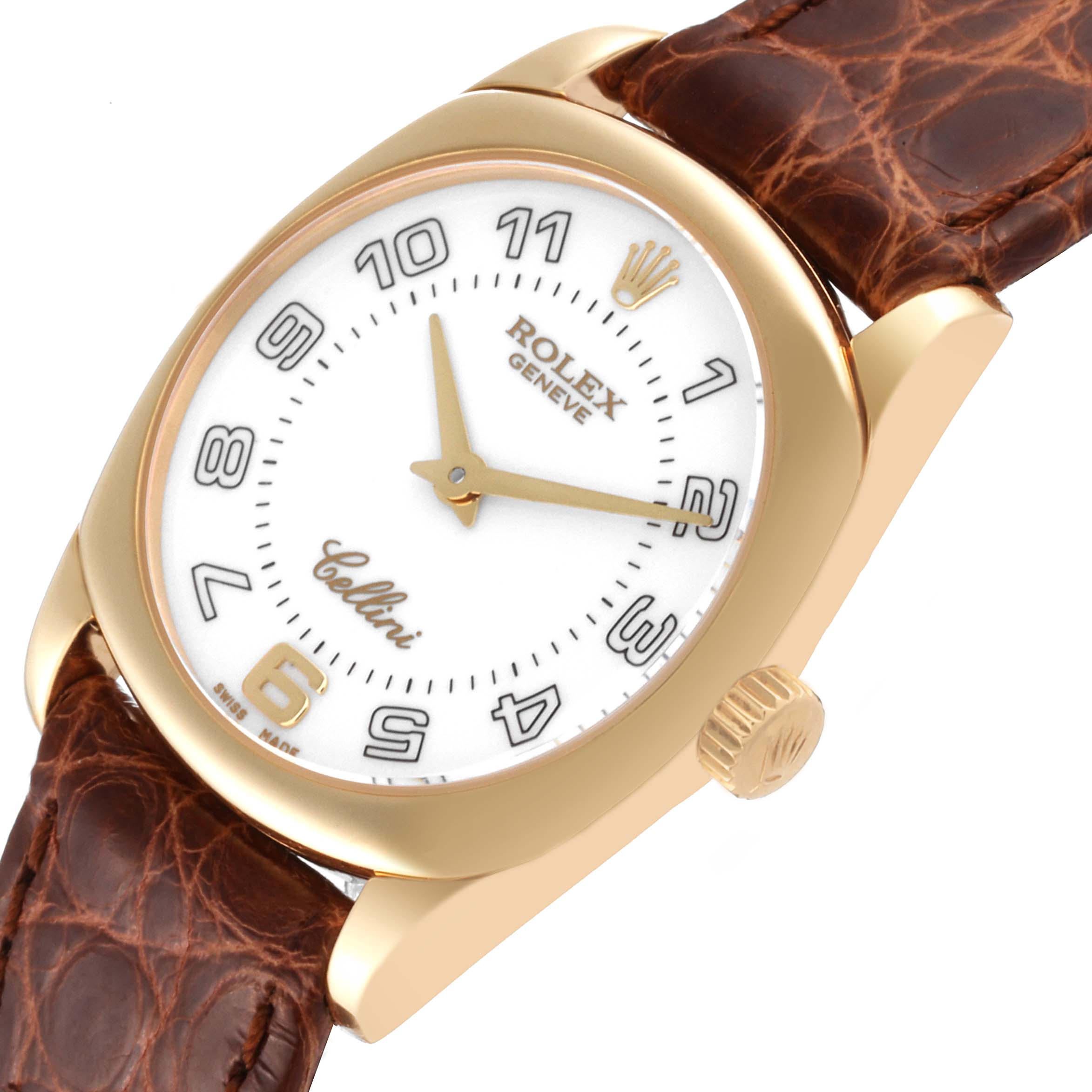 The image shows a Rolex Cellini 6229 Women's Yellow Gold White Dial 6229 Women's Yellow Gold White Dial model watch at a slight tilted angle, highlighting the face, bezel, and part of the leather strap.