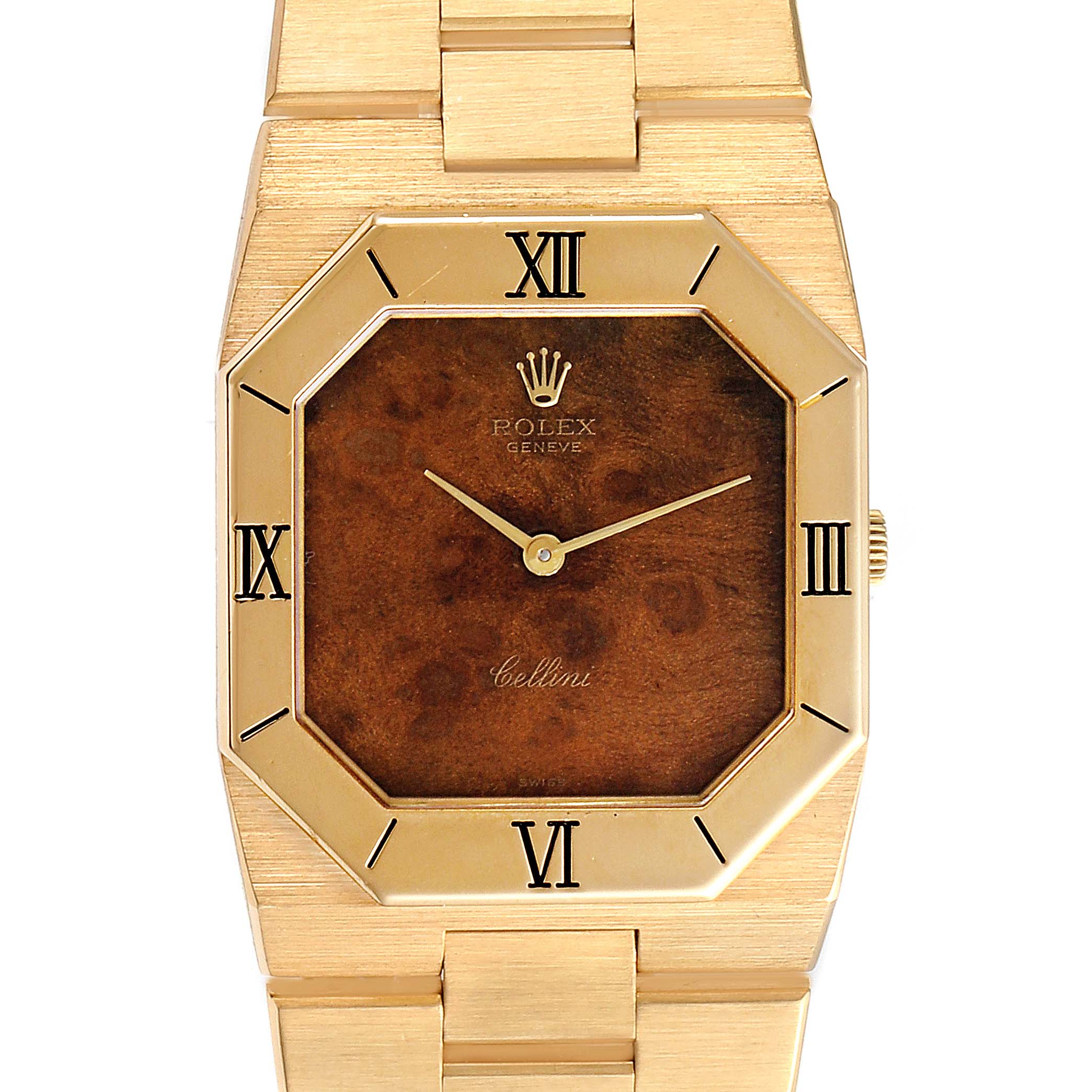 This image shows a close-up of the Rolex Cellini 4350 Men's Yellow Gold Brown Dial 4350 Men's Yellow Gold Brown Dial watch, highlighting its face, bezel, and part of the bracelet.