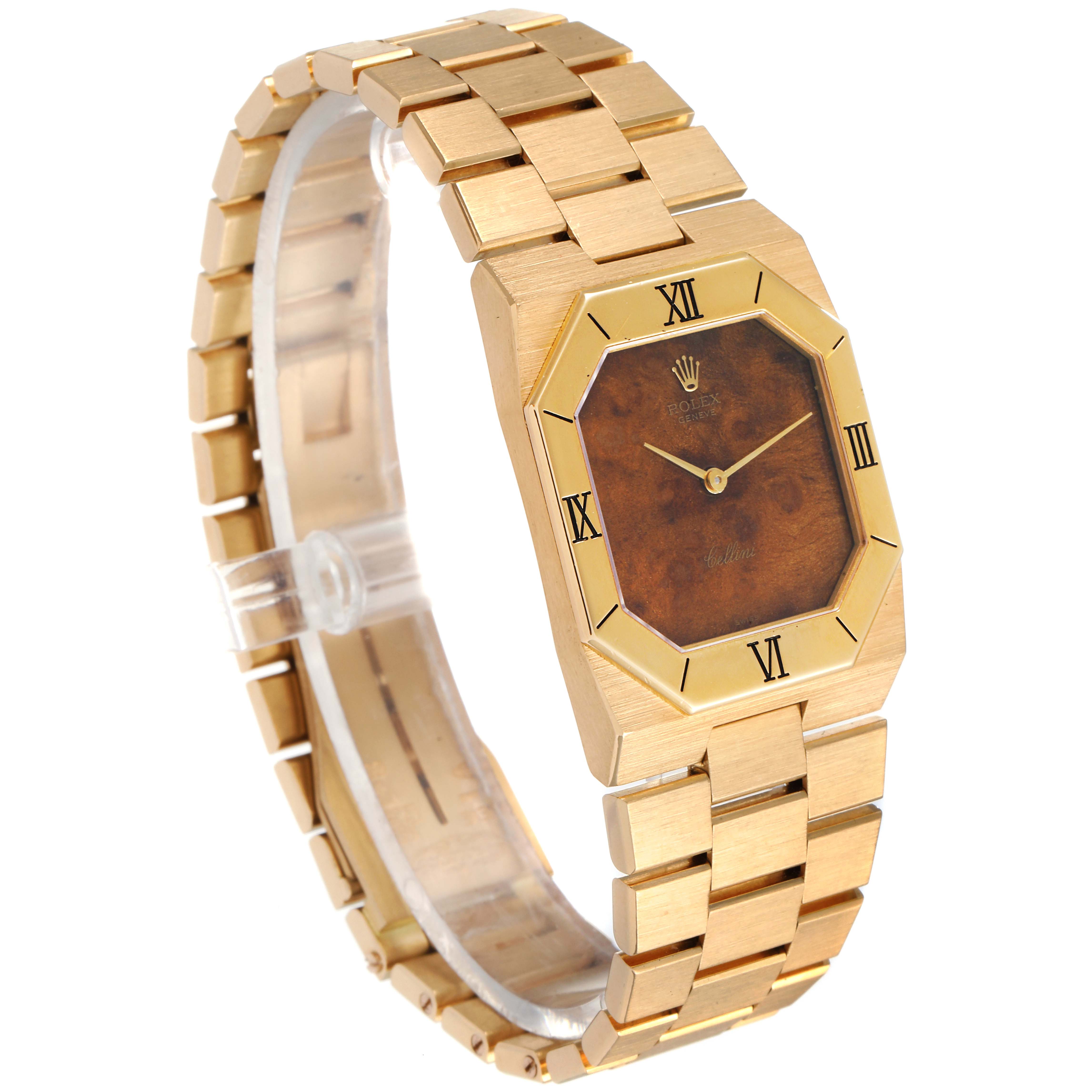 The image shows a Rolex Cellini 4350 Men's Yellow Gold Brown Dial 4350 Men's Yellow Gold Brown Dial watch at an angle highlighting its gold case and bracelet, and a brown watch face with Roman numerals.