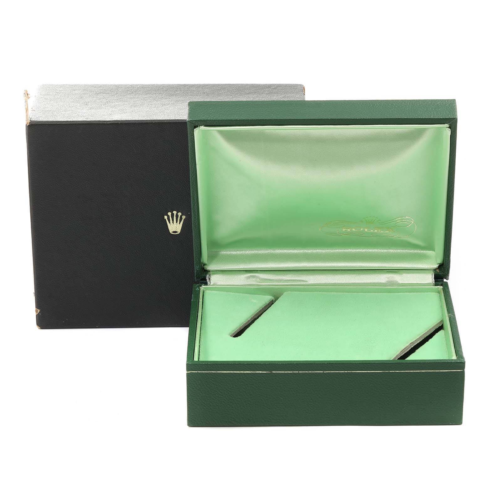 The image shows an open Rolex Cellini 4350 Men's Yellow Gold Brown Dial 4350 Men's Yellow Gold Brown Dial watch box with a green interior and the closed outer black box behind it.