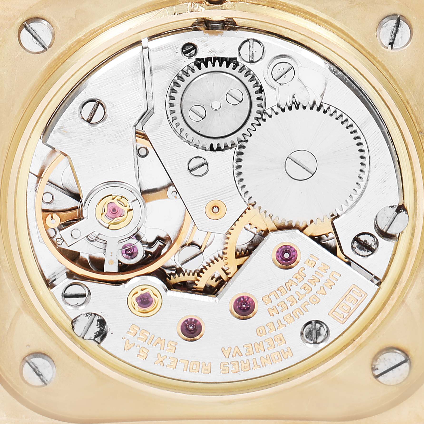 This image shows the interior mechanics of a Rolex Cellini 4350 Men's Yellow Gold Brown Dial 4350 Men's Yellow Gold Brown Dial model watch, highlighting gears and intricate components.