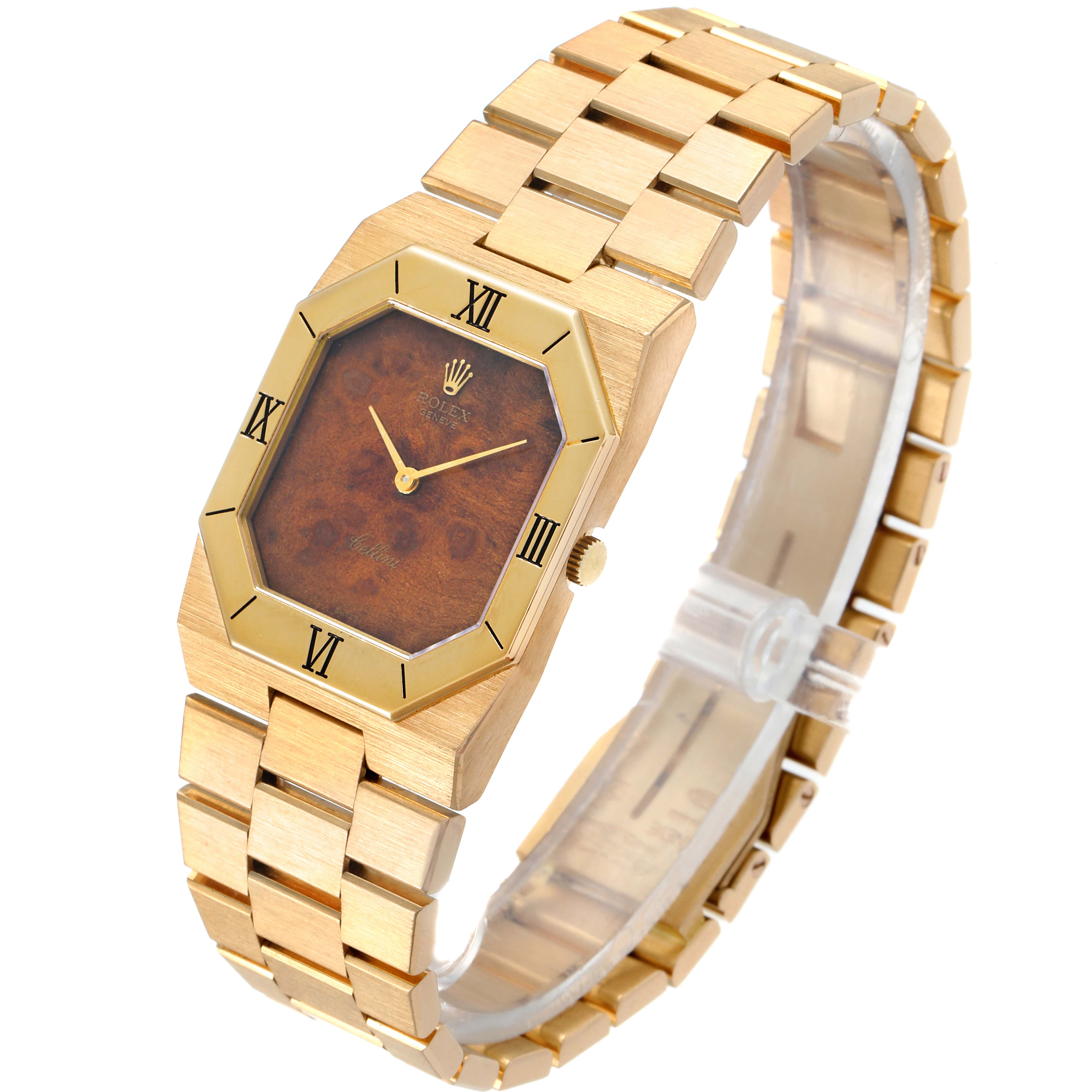 The image shows a side and top view of a Rolex Cellini 4350 Men's Yellow Gold Brown Dial 4350 Men's Yellow Gold Brown Dial watch featuring a gold bracelet and an octagonal face.