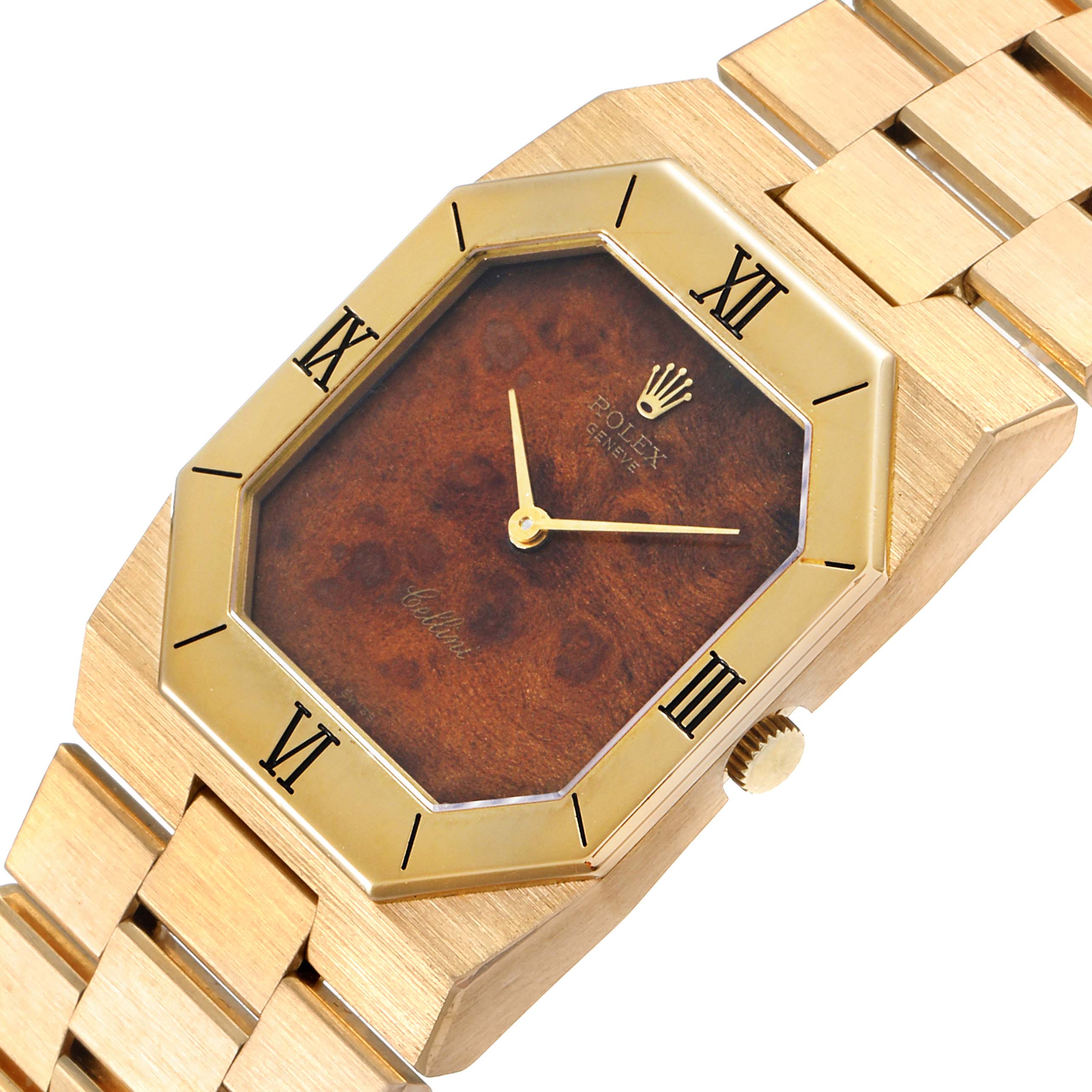 The image shows a close-up angle of the face and part of the bracelet of a Rolex Cellini 4350 Men's Yellow Gold Brown Dial 4350 Men's Yellow Gold Brown Dial watch, featuring a gold bezel and brown dial.