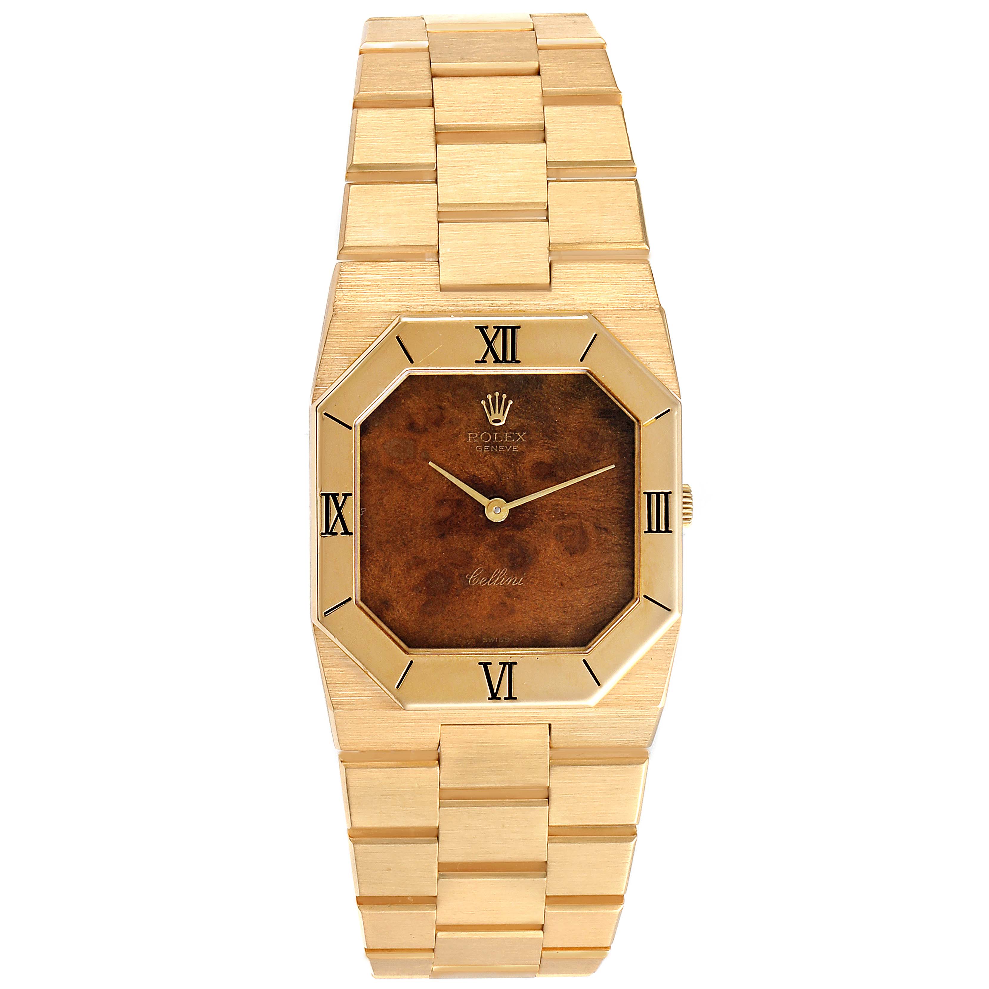 This image shows a front view of a Rolex Cellini 4350 Men's Yellow Gold Brown Dial 4350 Men's Yellow Gold Brown Dial watch, highlighting its bracelet, octagonal dial, and Roman numeral markers.