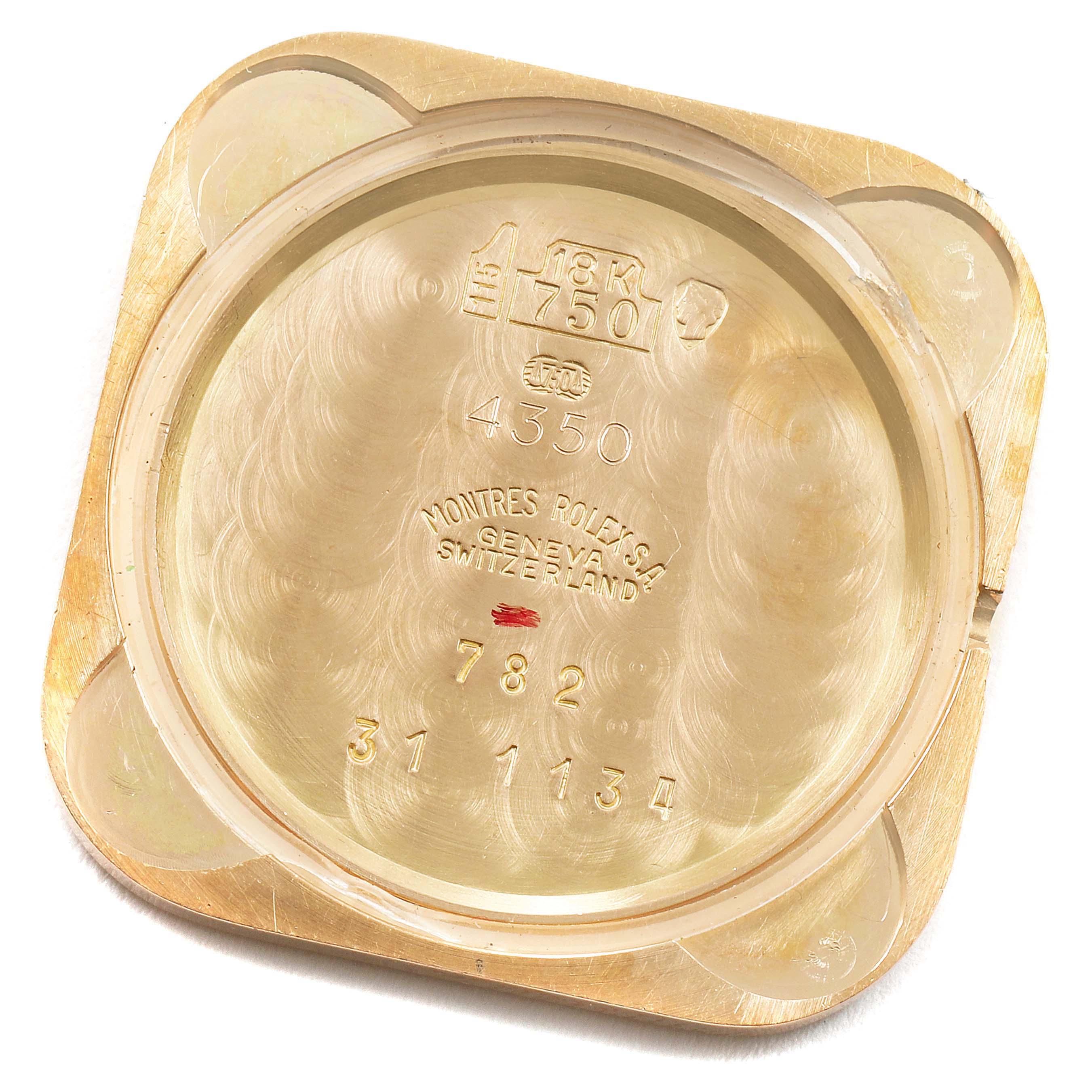 This image shows the inside case back of a Rolex Cellini 4350 Men's Yellow Gold Brown Dial 4350 Men's Yellow Gold Brown Dial watch, featuring model and hallmark engravings.