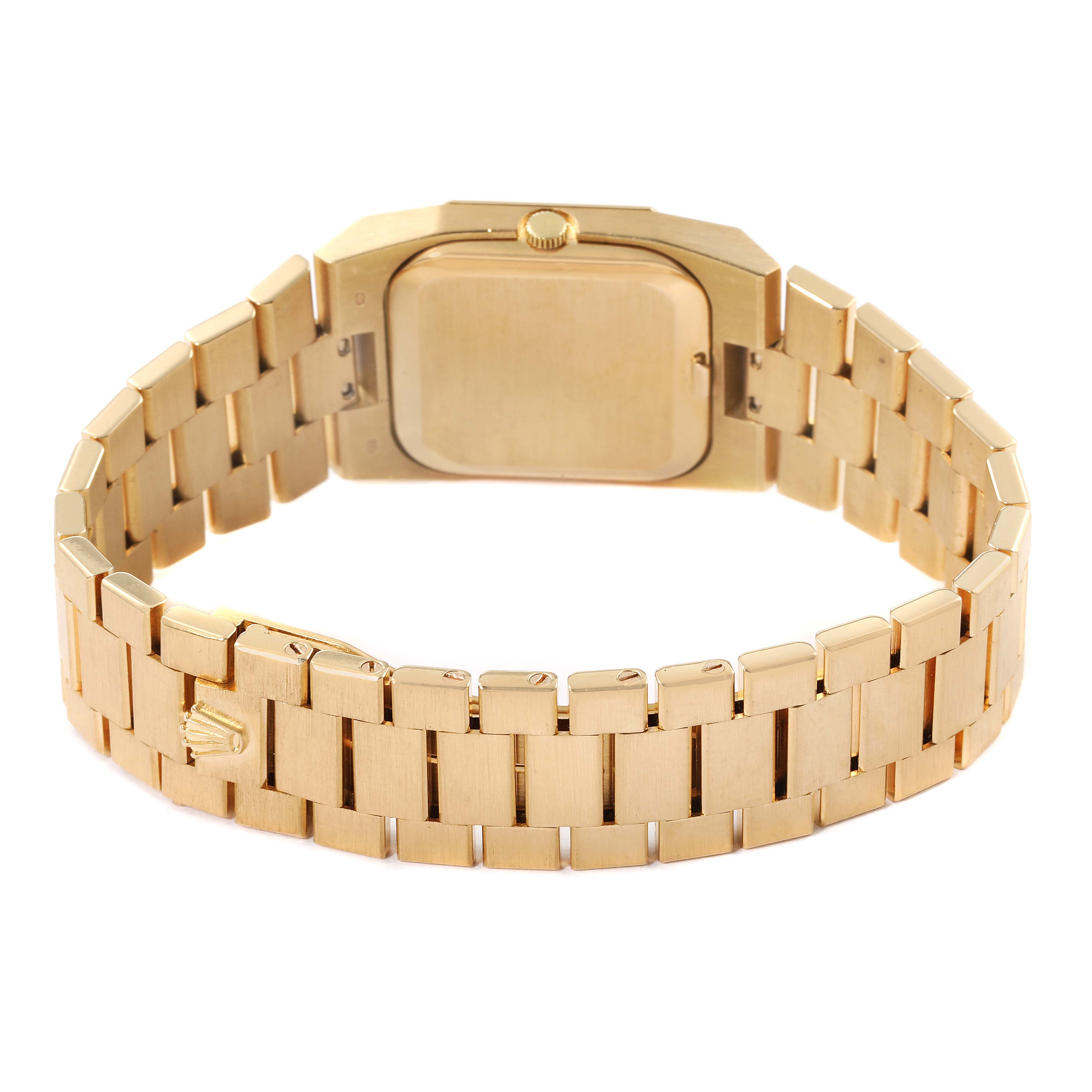 This image shows the back view of a Rolex Cellini 4350 Men's Yellow Gold Brown Dial 4350 Men's Yellow Gold Brown Dial watch, focusing on the gold case, crown, and bracelet.