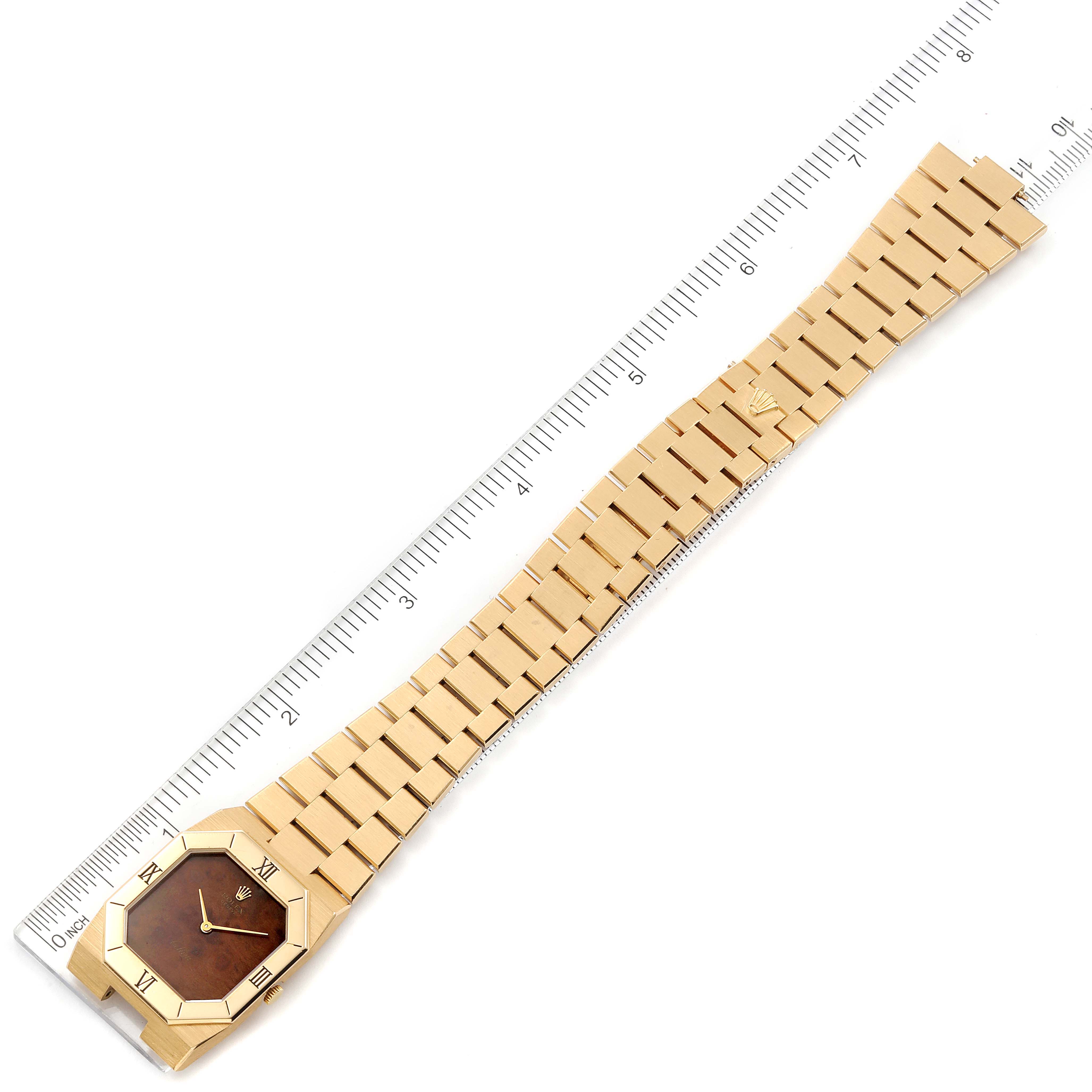 The image shows a Rolex Cellini 4350 Men's Yellow Gold Brown Dial 4350 Men's Yellow Gold Brown Dial watch laid out flat, with a ruler for scale.