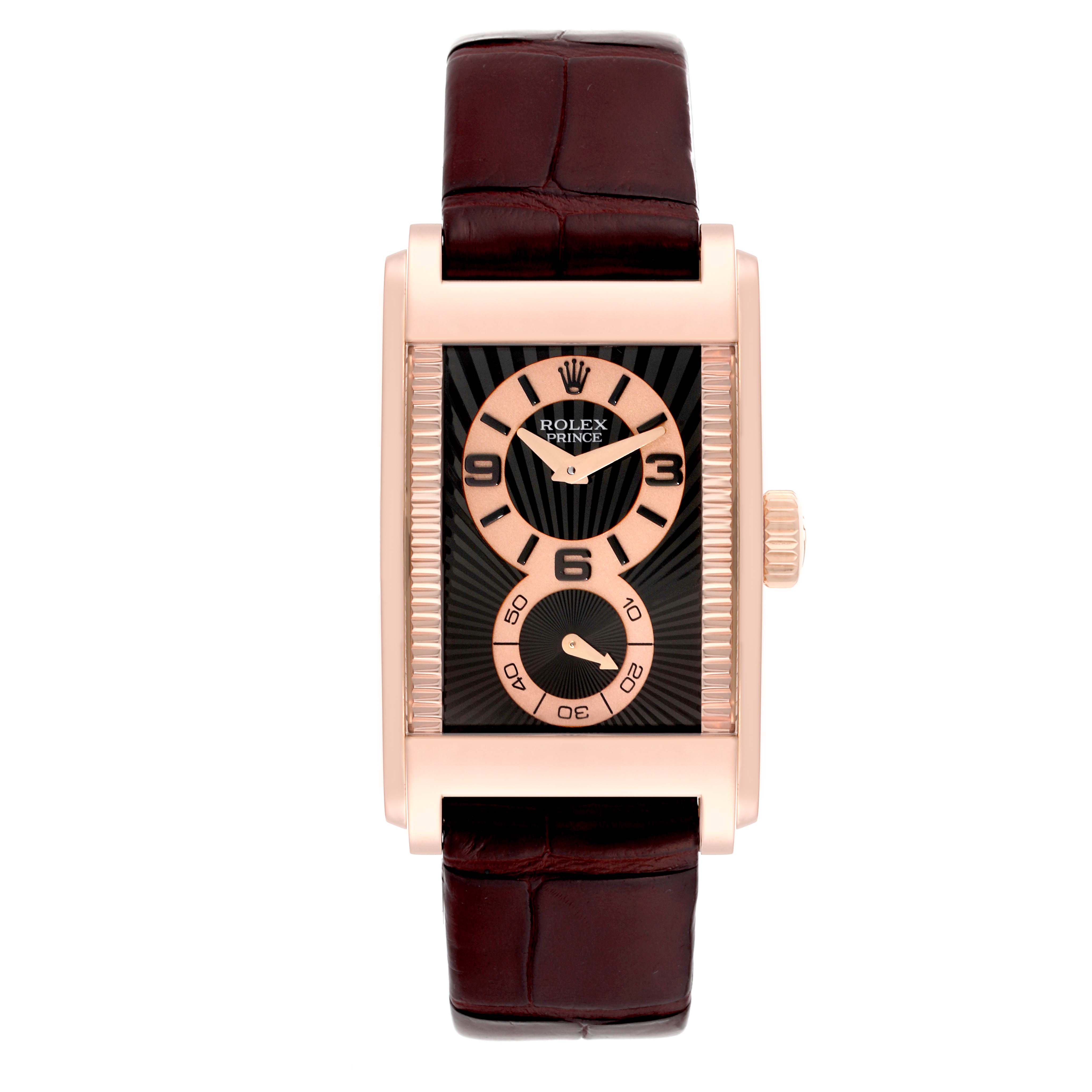 The image shows a front view of a Rolex Cellini 5442/5 Men's Rose Gold Black Dial 5442/5 Men's Rose Gold Black Dial Prince watch, featuring a rectangular face and brown leather strap.