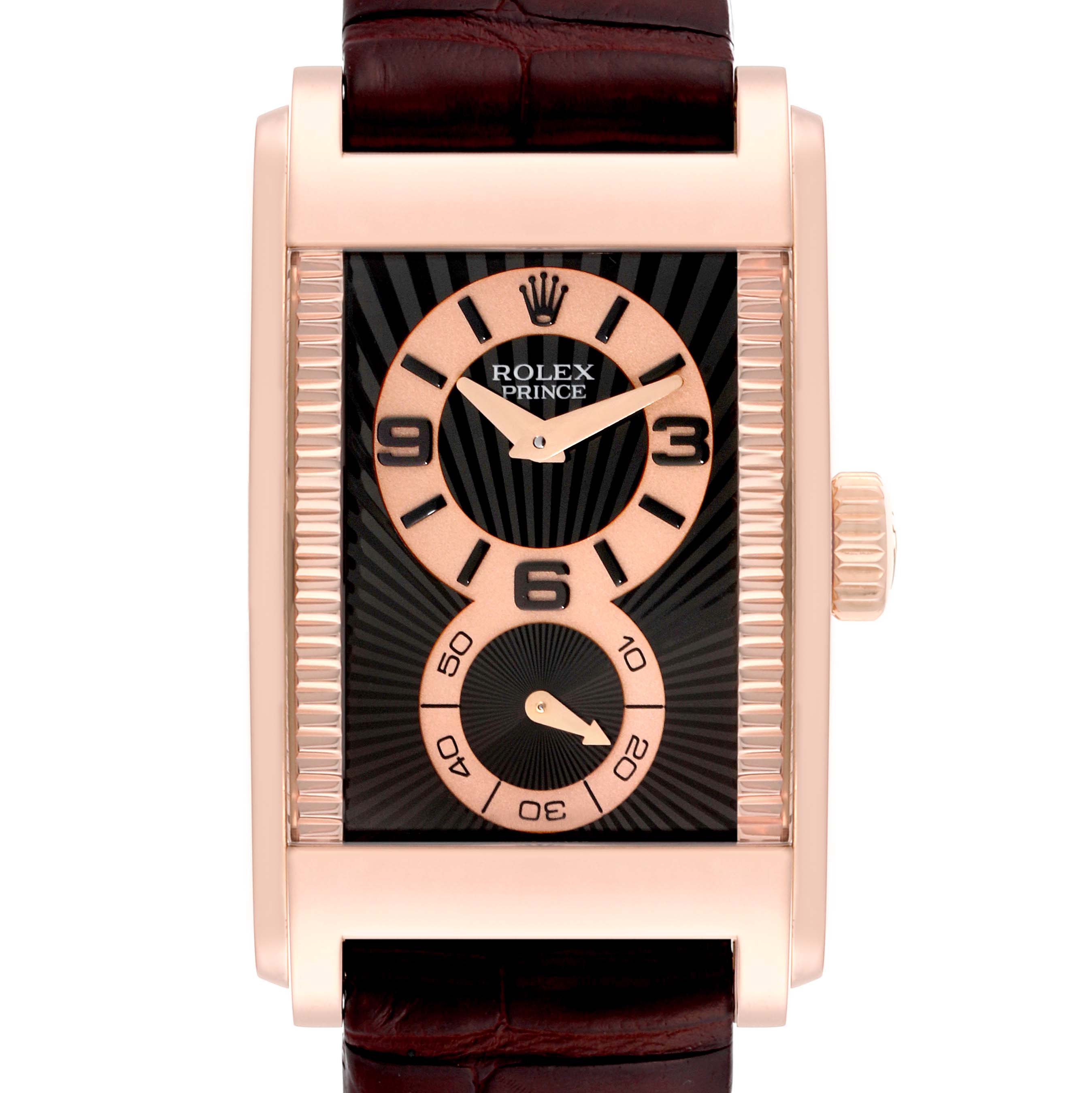 This image displays a frontal view of the Rolex Cellini 5442/5 Men's Rose Gold Black Dial 5442/5 Men's Rose Gold Black Dial Prince watch, showcasing its dial, case, and strap.