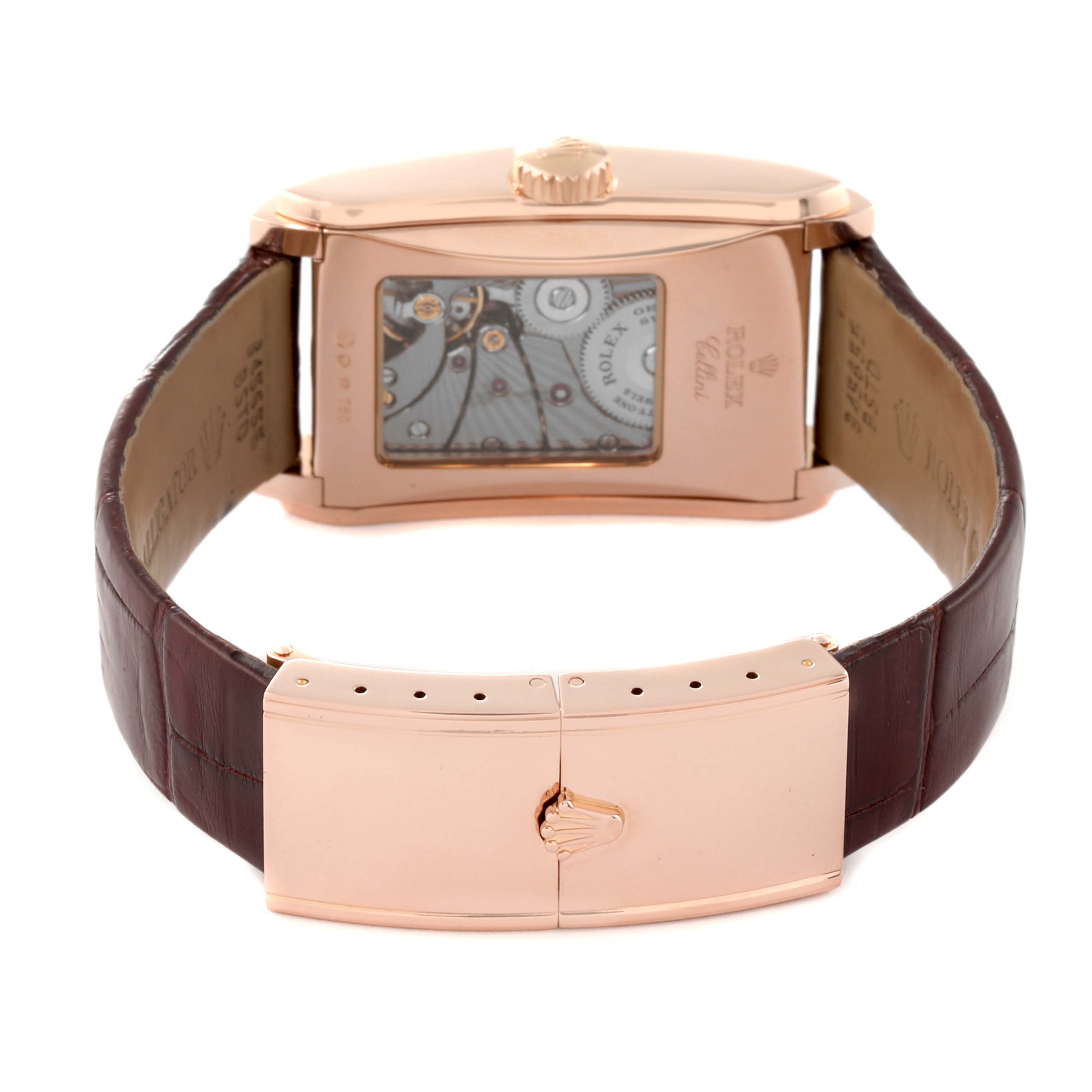 The image shows the back view of the Rolex Cellini 5442/5 Men's Rose Gold Black Dial 5442/5 Men's Rose Gold Black Dial watch, featuring its clasp, leather strap, and transparent case back revealing the movement.