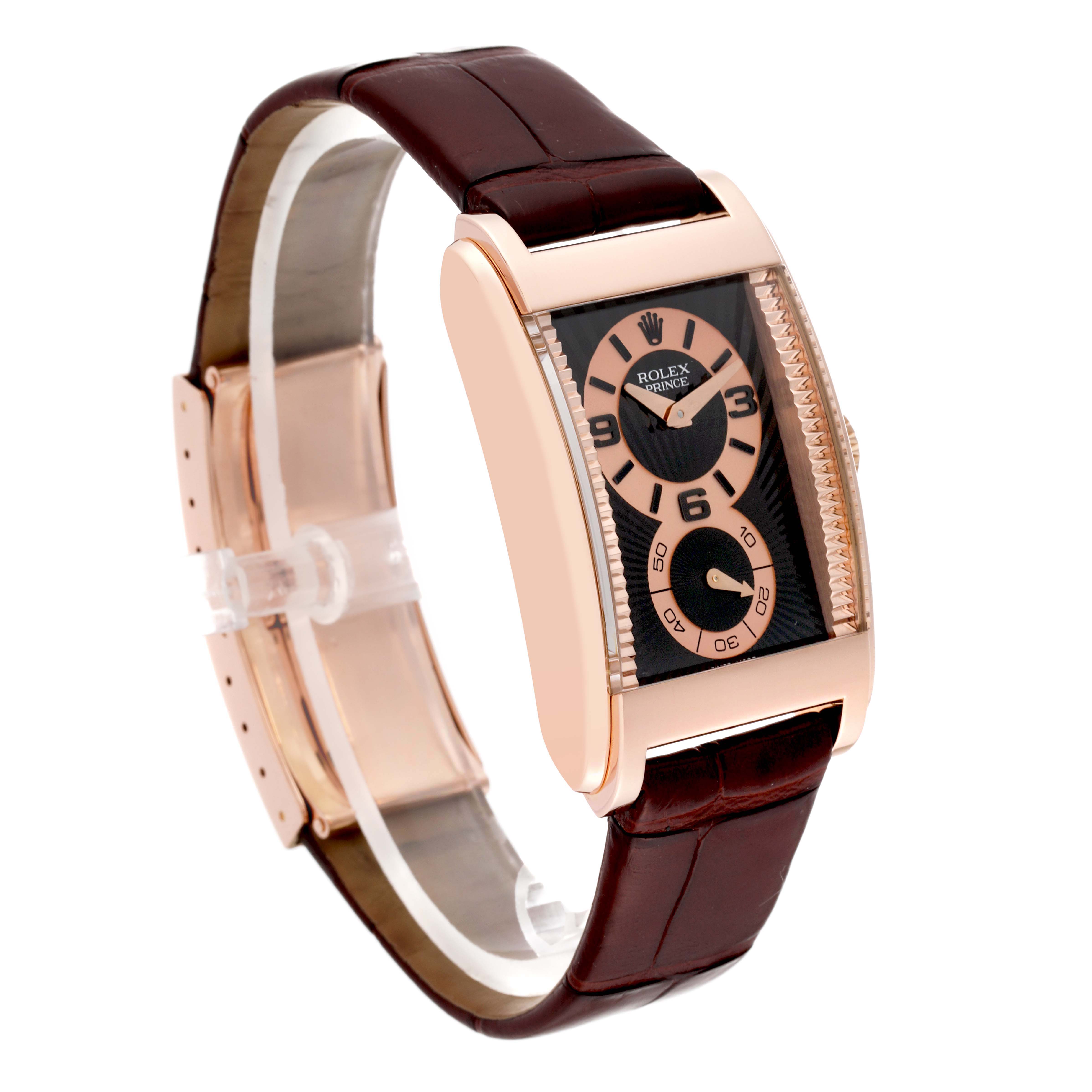 This image shows a Rolex Cellini 5442/5 Men's Rose Gold Black Dial 5442/5 Men's Rose Gold Black Dial watch at a slight angle, highlighting the face, case, and leather strap.