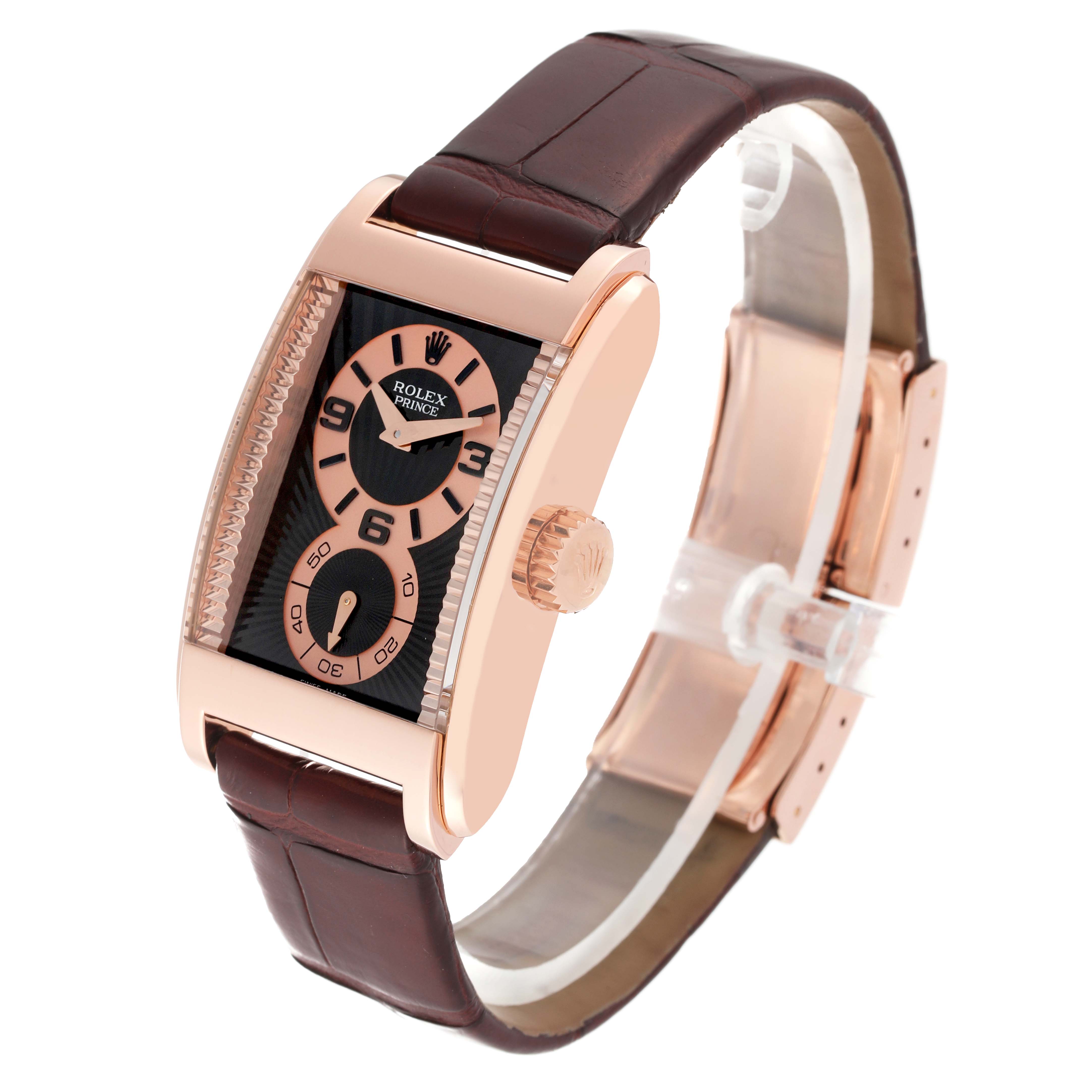This image shows a Rolex Cellini 5442/5 Men's Rose Gold Black Dial 5442/5 Men's Rose Gold Black Dial Prince model watch at a slight angle, highlighting its rectangular face and brown leather strap.