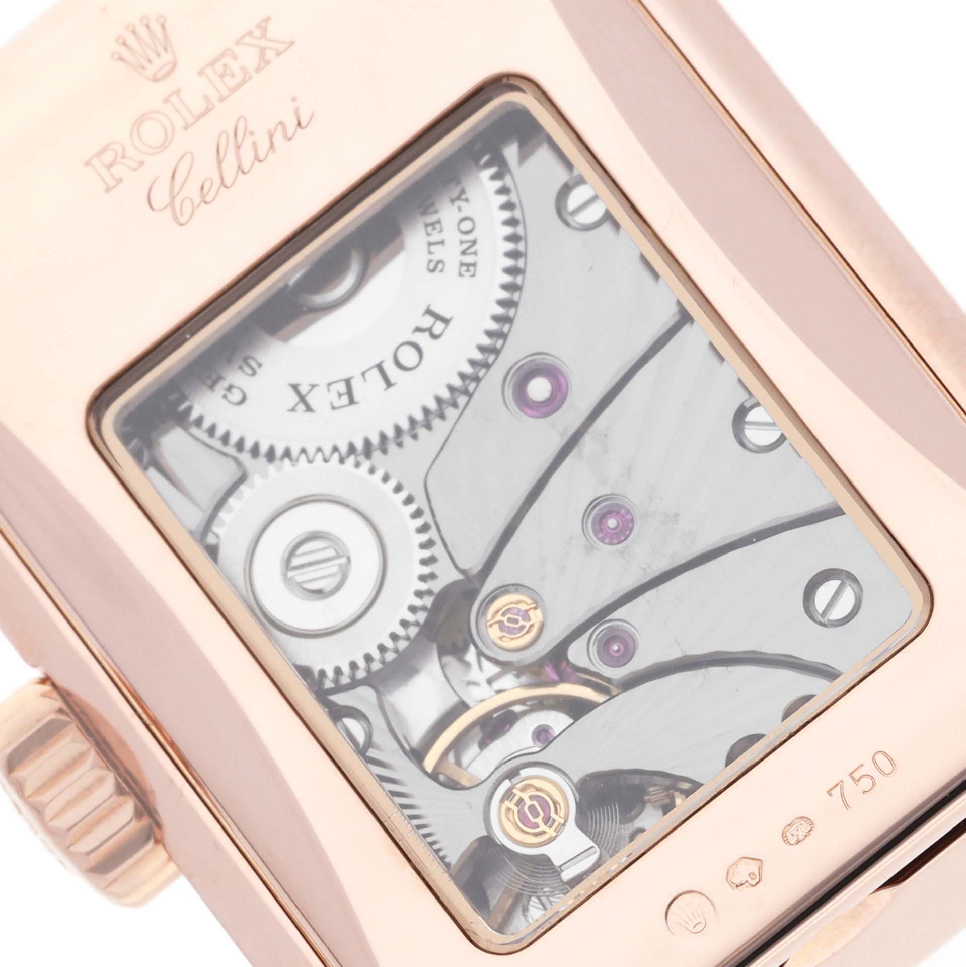 This image shows the back of the Rolex Cellini 5442/5 Men's Rose Gold Black Dial 5442/5 Men's Rose Gold Black Dial watch, highlighting its inner mechanical movement through a transparent case back.