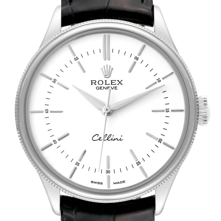 Close-up of the Rolex Cellini watch face showing the hour, minute, and second hands, with part of the strap visible.