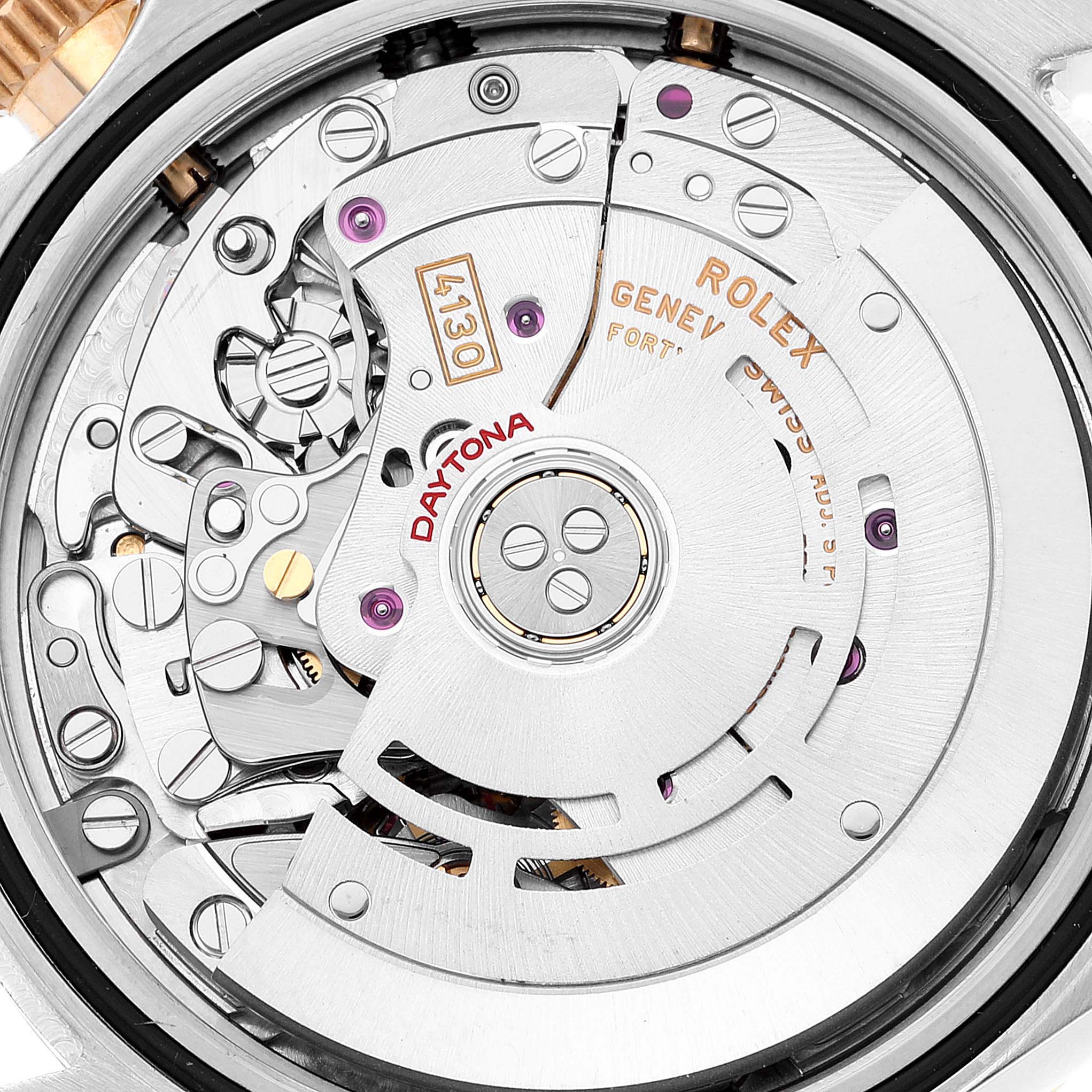 This image shows a close-up view of the movement mechanism of a Rolex Daytona 116503 Men's Steel and Gold (two tone) Black Dial 116503 Men's Steel and Gold (two tone) Black Dial watch.